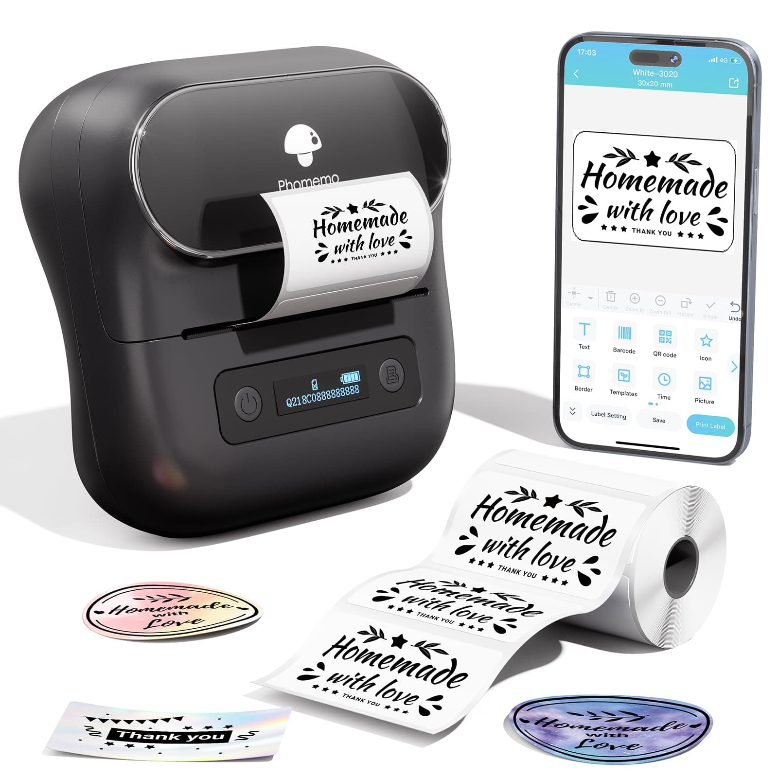 Phomemo M220 Label Maker, 3 Inch Label Printer - Sticker, Barcode for Clothing, Mailing, Small Business, Compatible with Phone, PC, Bluetooth Thermal Printer, Support Many Language