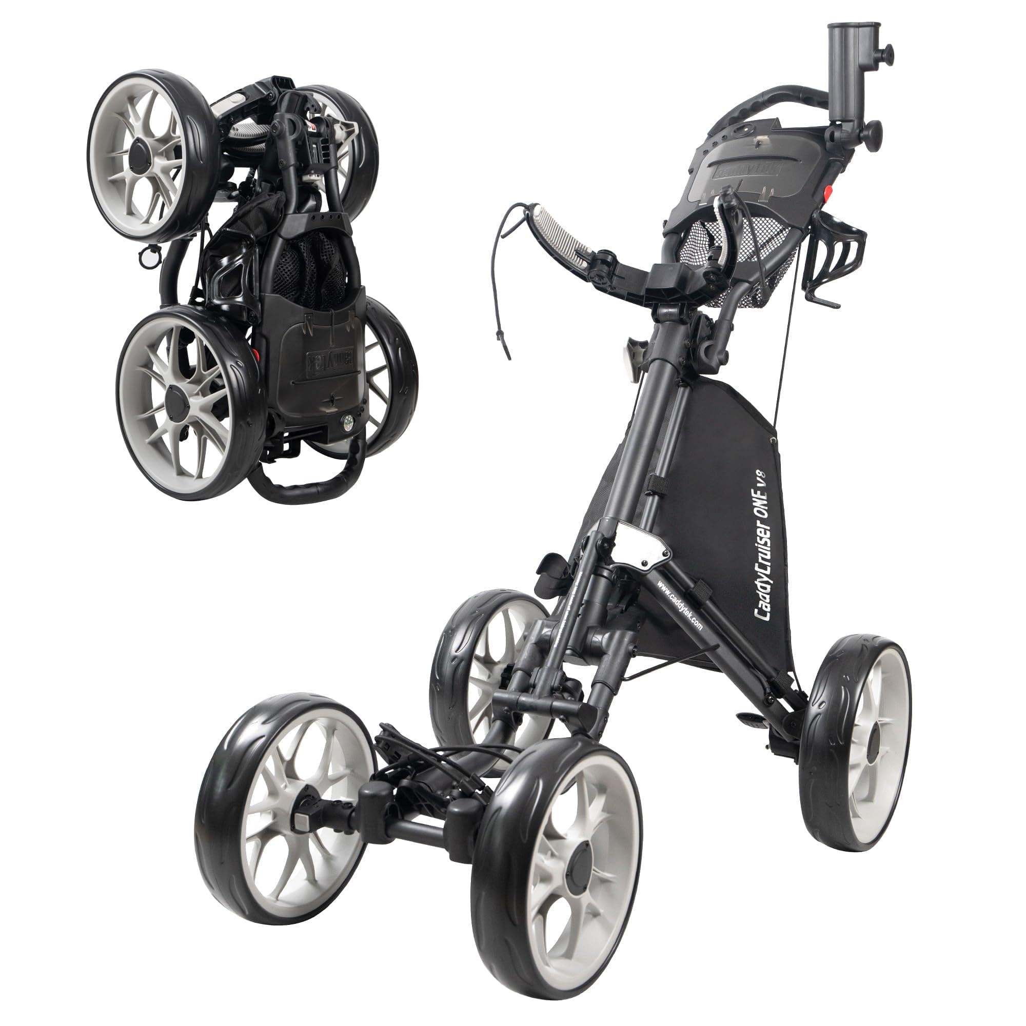 CaddyTek 4 Wheel Golf Push Cart - Caddycruiser One Version 8 1-Click Folding Trolley - Lightweight, Compact Pull Caddy Cart, Easy to Open