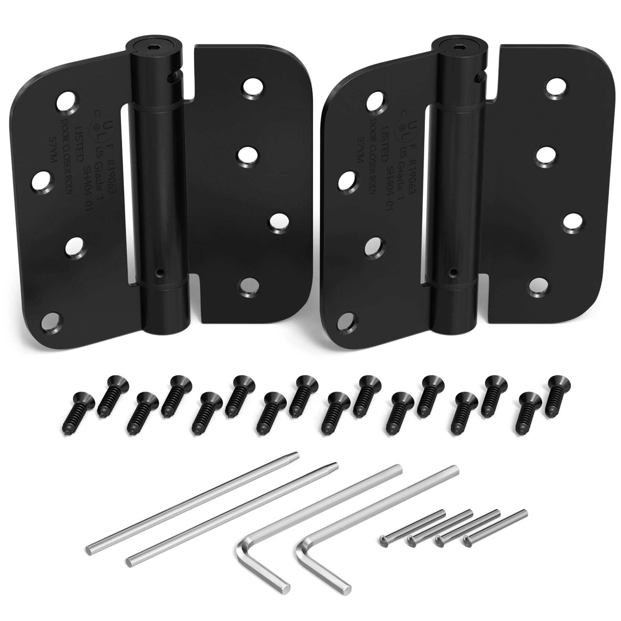KS Hardware Mortise Spring Hinge | Automatic Self Closing Door Hinges with Complete Installation Hardware | 4" X 4" with 5/8" Radius Corners | 2 Pack, Matte Black Finish