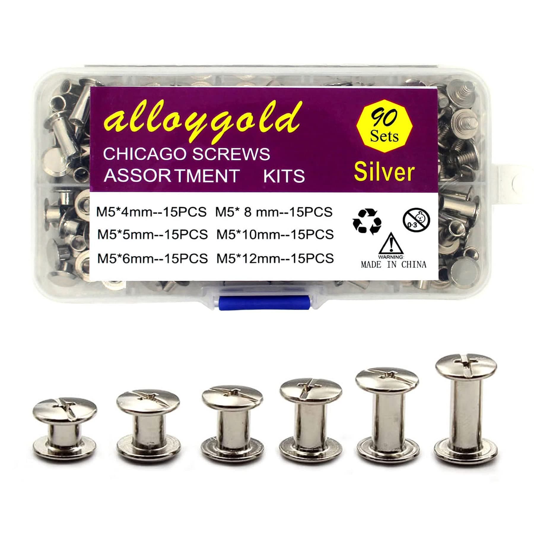90 Sets Chicago Screws Assorted Kit Leather Rivet DIY Bookbinding Round Flat Head Rivets Screw Contains 6 Sizes of Nuts and 3 Sizes of Screws (Silver)