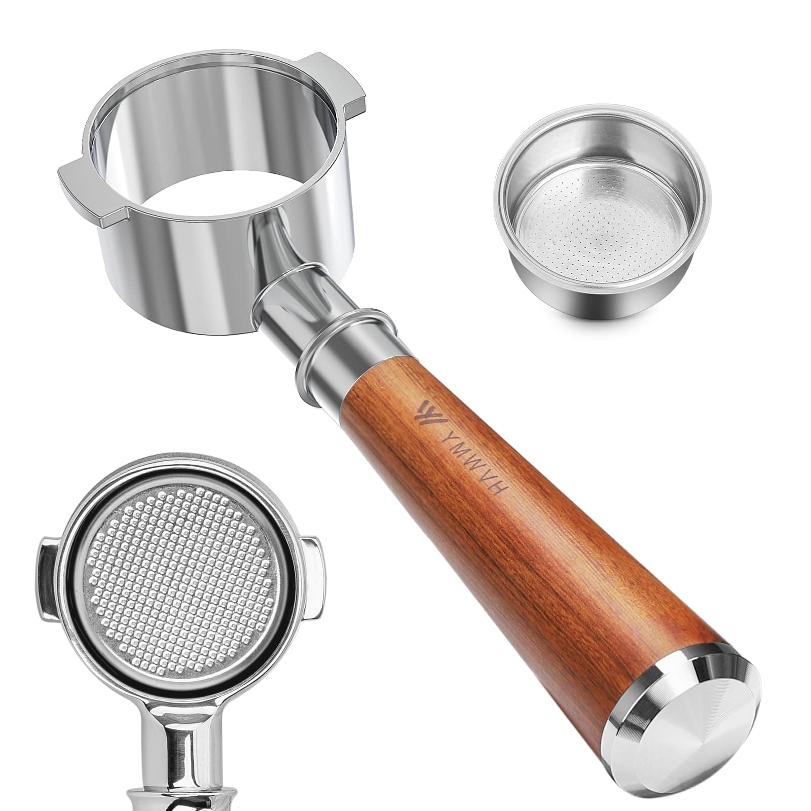 51mm Bottomless Portafilter 2 Ears for Delonghi Stilosa ECP3420/EC155/BCO430/EC260,Stainless Steel Filter Basket and Walnut Handle