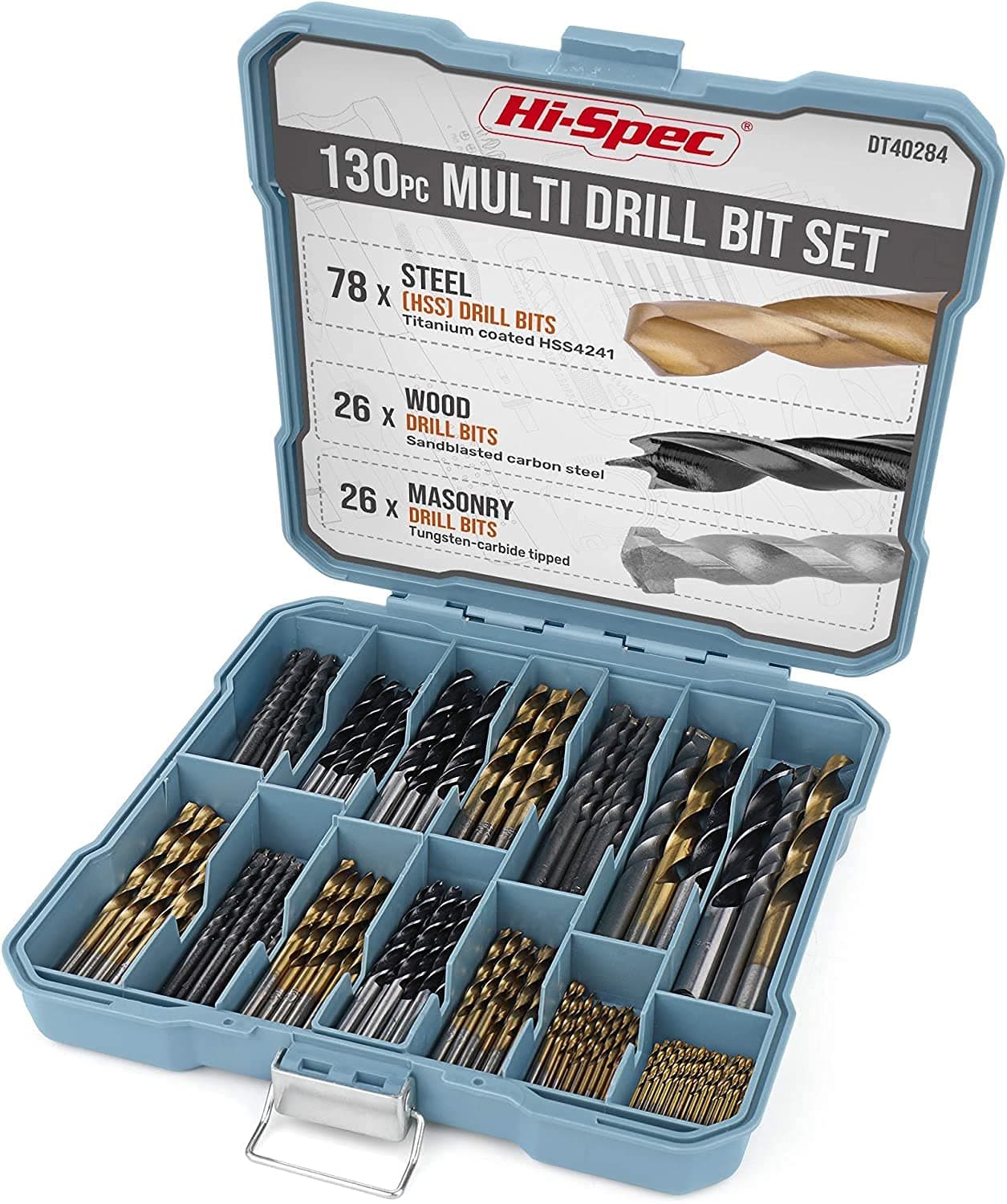 Hi-Spec Drill Bit Set 130pc Multi SAE – 11 Sizes 1/16in to 3/8in – HSS Titanium, Masonry & Brad Point Steel Bits – Metal Drill Bits for Metal, Wood, Plastic, Drywall, Brick & Concrete – With Tray Case