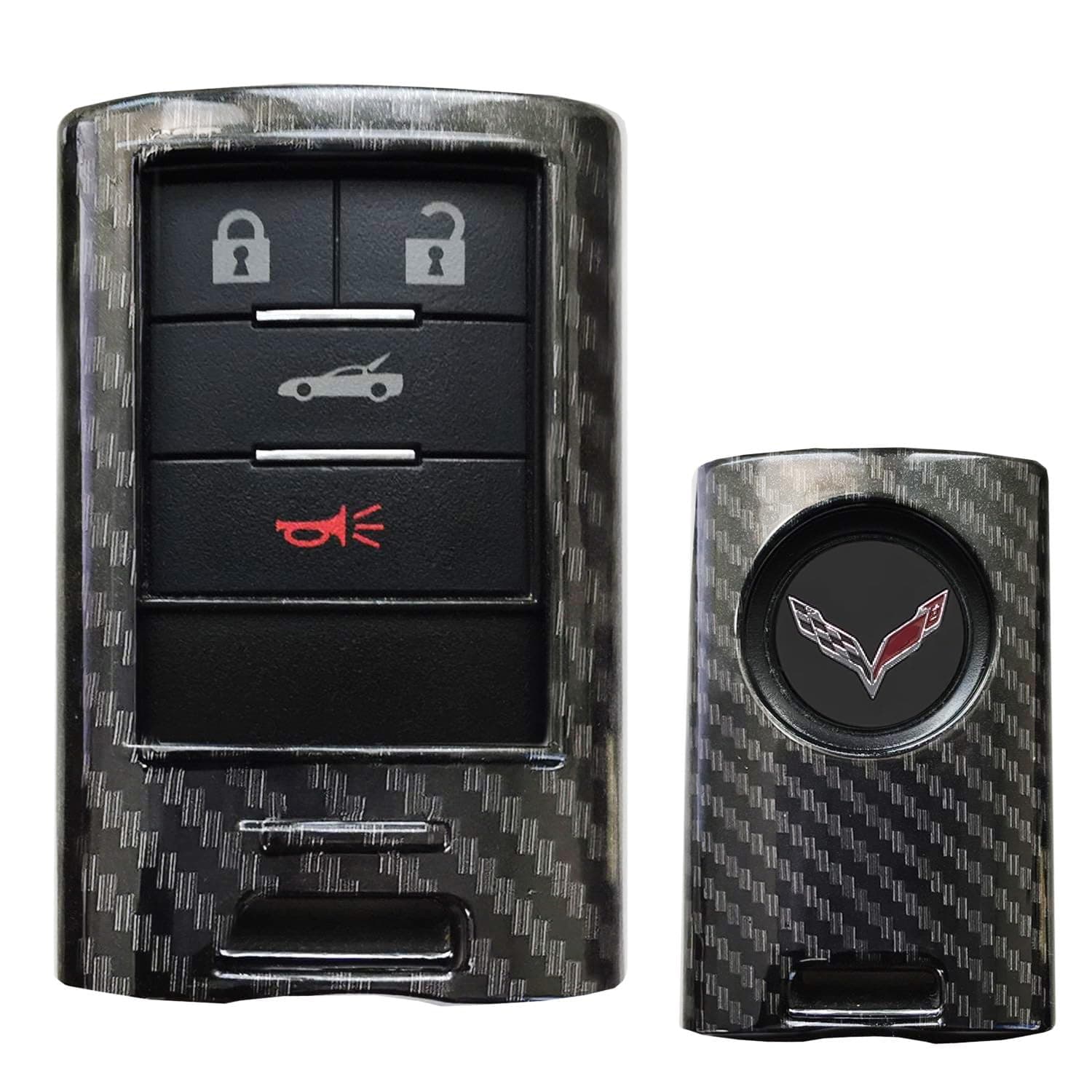 iJDMTOY Black Carbon Fiber Pattern Hard Plastic Shell Keyfob Protective & Keychain Compatible With Cadillac OEM 5923887 22756465, etc (ATS CTS DTS XTS SRX STS Escalade C7 Corvette)