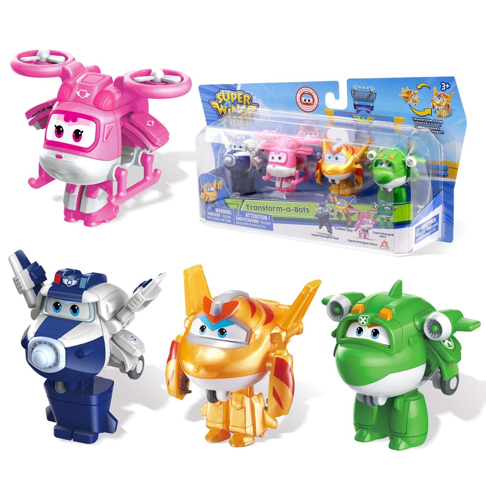 Super Wings 2" Transform-a-Bot 4 Pack Supercharged Pole, Dizzy, Golden Boy, Mira, Airplane Toy Mini Action Figure, Preschool Toy, Birthday Gift for Kids 3, 4, 5 Years Old