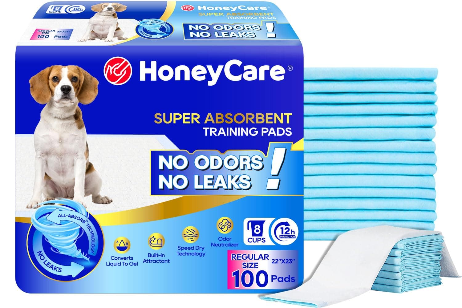 HONEY CARE All-Absorb, Large 22" x 23", 100 Count, Dog and Puppy Training Pads, Ultra Absorbent and Odor Eliminating, Leak-Proof 5-Layer Potty Training Pads with Quick-Dry Surface, Blue, A01