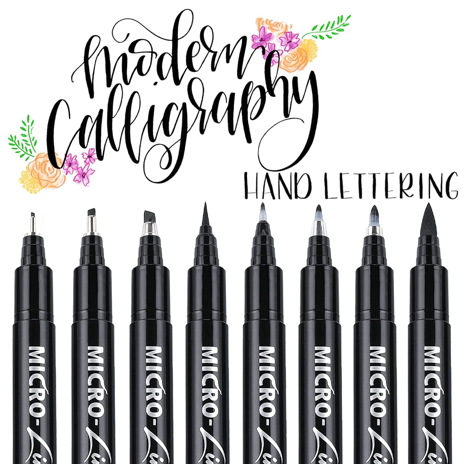 Dyvicl Hand Lettering Pens, Calligraphy Brush Pens Art Markers for Beginners Writing, Sketching, Drawing, Illustration, Scrapbooking, Journaling, Black Ink Pen Set, 8 Sizes