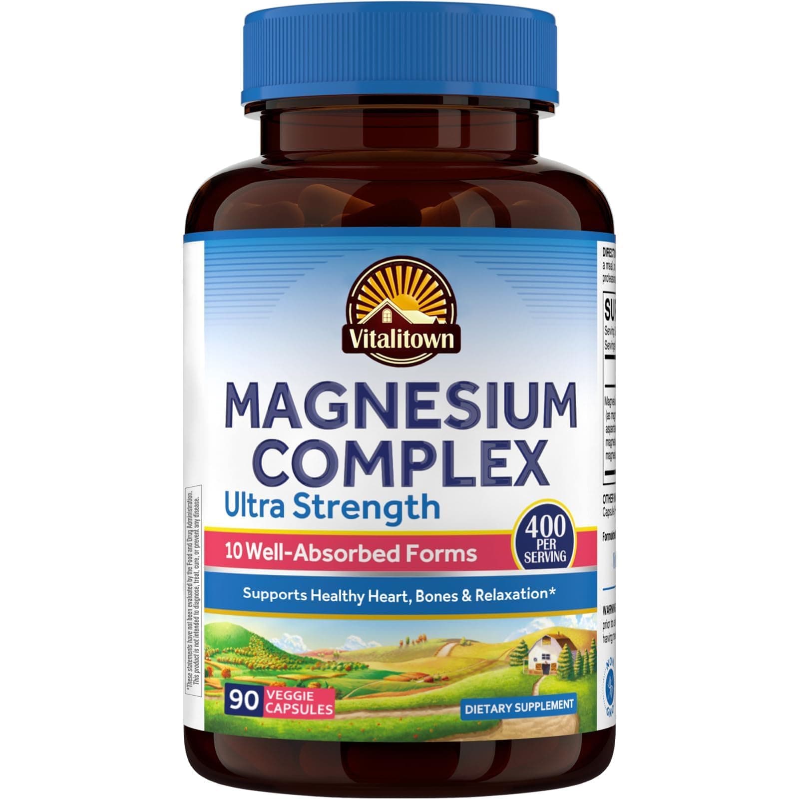 10 in 1 Magnesium Complex Supplement - 400mg Elemental Magnesium Chelated with Glycinate, Citrate, Malate, Taurate & More - for Sleep Heart Energy - Non-GMO, Vegan, 90 Caps