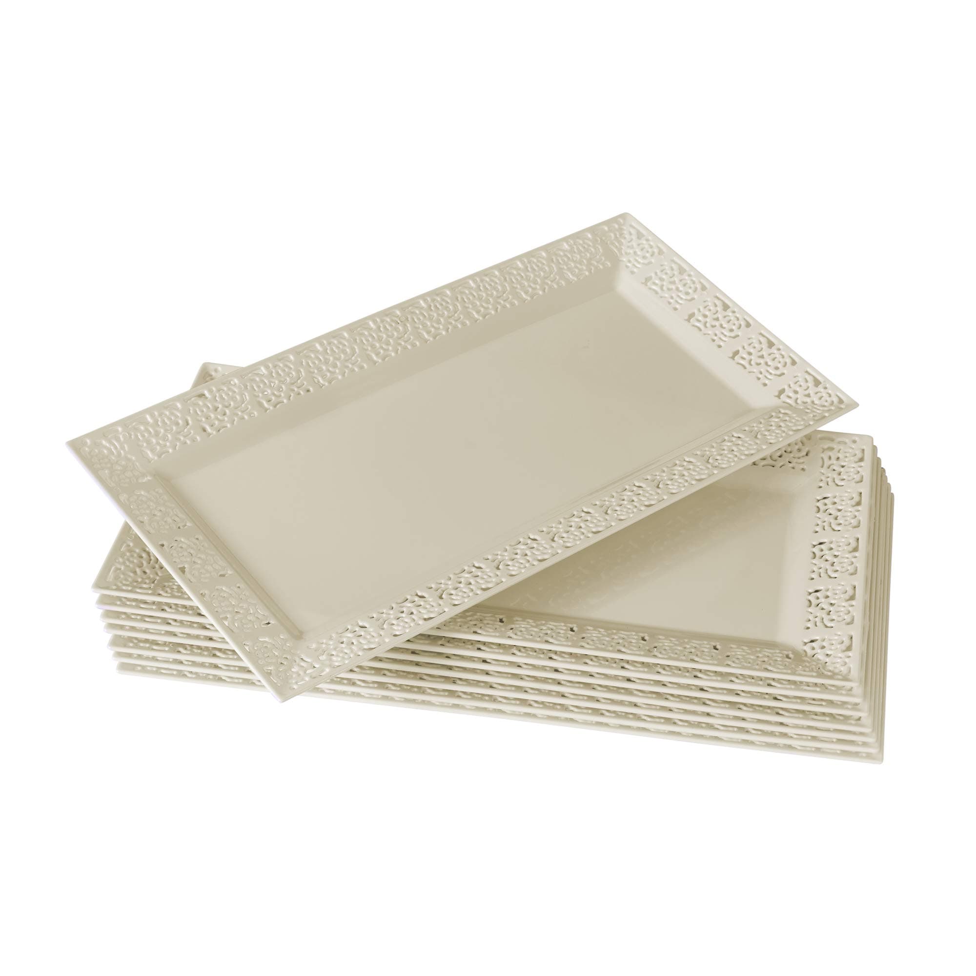 SILVER SPOONS Elegant Lace Plastic Serving Trays (6 PC), Disposable Plastic Trays and Platters for Party - 14” x 7.5”, Serves Snacks, Desserts, Sweets, Perfect for celebrations & events - Ivory