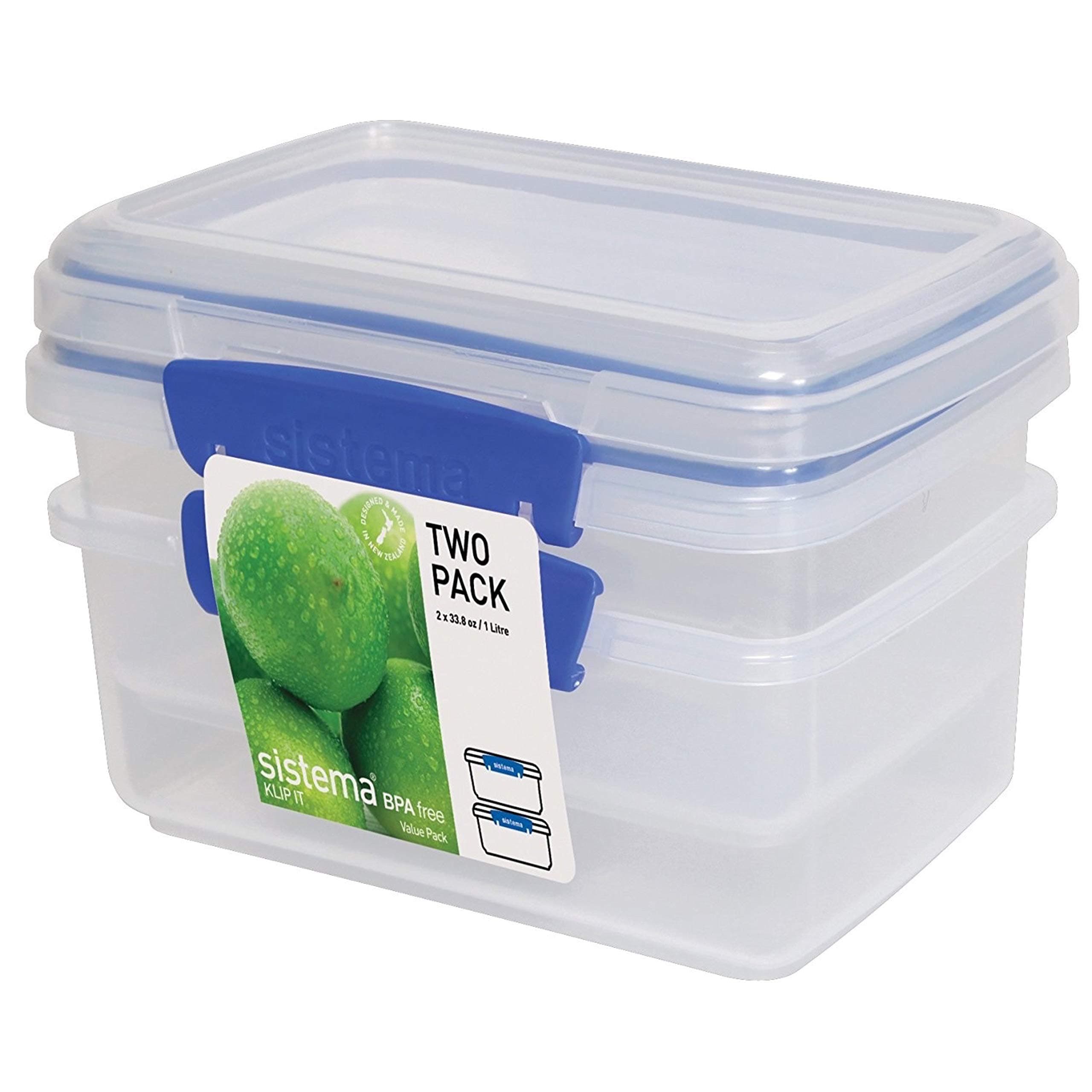 Sistema KLIP IT Rectangular Collection Food Storage Container, 33.8 oz./1 L, Clear/Blue, 2 Count