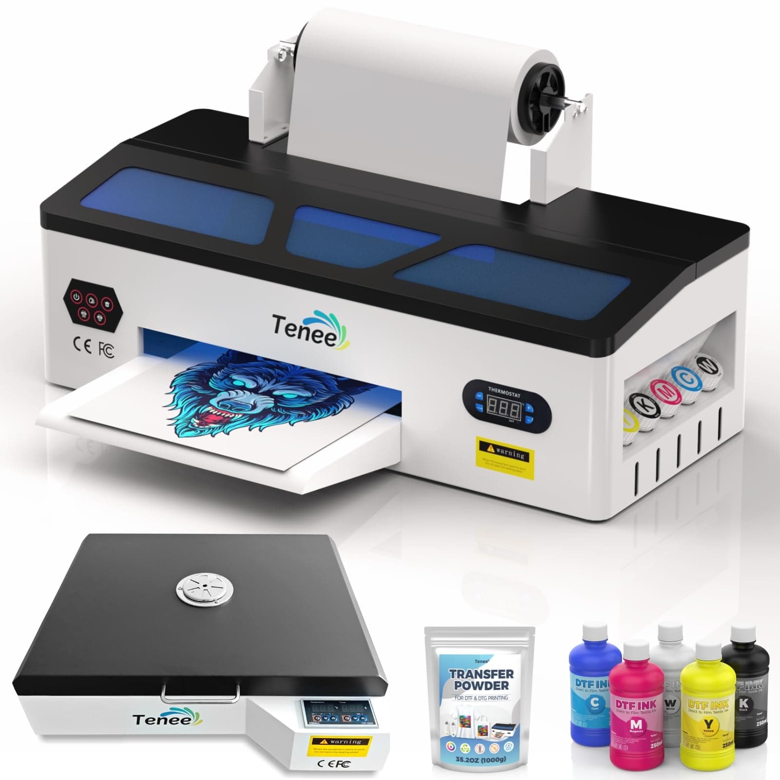 A3 DTF Printer with Roll Feeder - High Transfer Rate Transfer Printer for Faster DTF Printing on Dark and Light Fabrics. Includes Software, Oven Powder, 5 x 250ml Ink, and 1 x Roll of Film