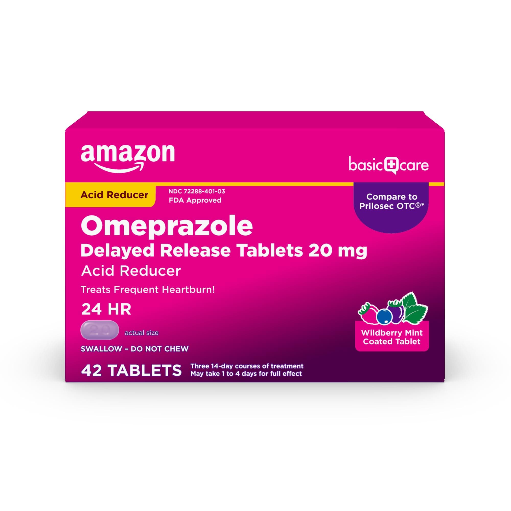 Amazon Basic Care Omeprazole Delayed Release Tablets 20 mg, Acid Reducer, Wildberry Mint Coated Tablet, Heartburn Medicine, 42 Count