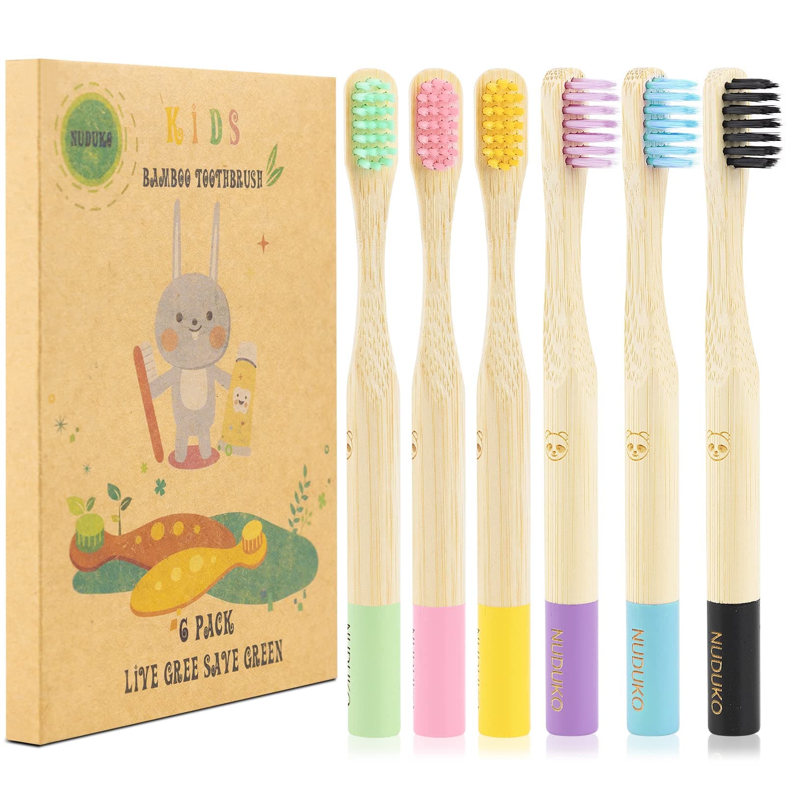 NUDUKO Kids Toothbrush Bamboo Toothbrushes 6 Pack - Organic Tooth Brush Wooden Baby Toddler Toothbrush, Eco-Friendly Natural Biodegradable Soft Bristle Toothbrush for Children, Round Handle