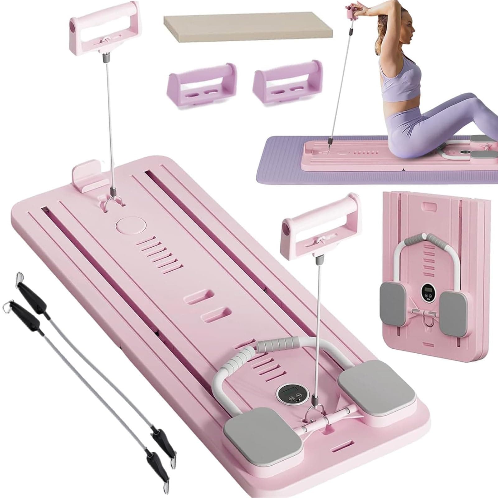 Pilates Reformer Machine Board Set Ab Roller Exercise Wheel Automatic Rebound Foldable Pilates Board Abdominal Exercise Equipment with Resistance Rope and Timer