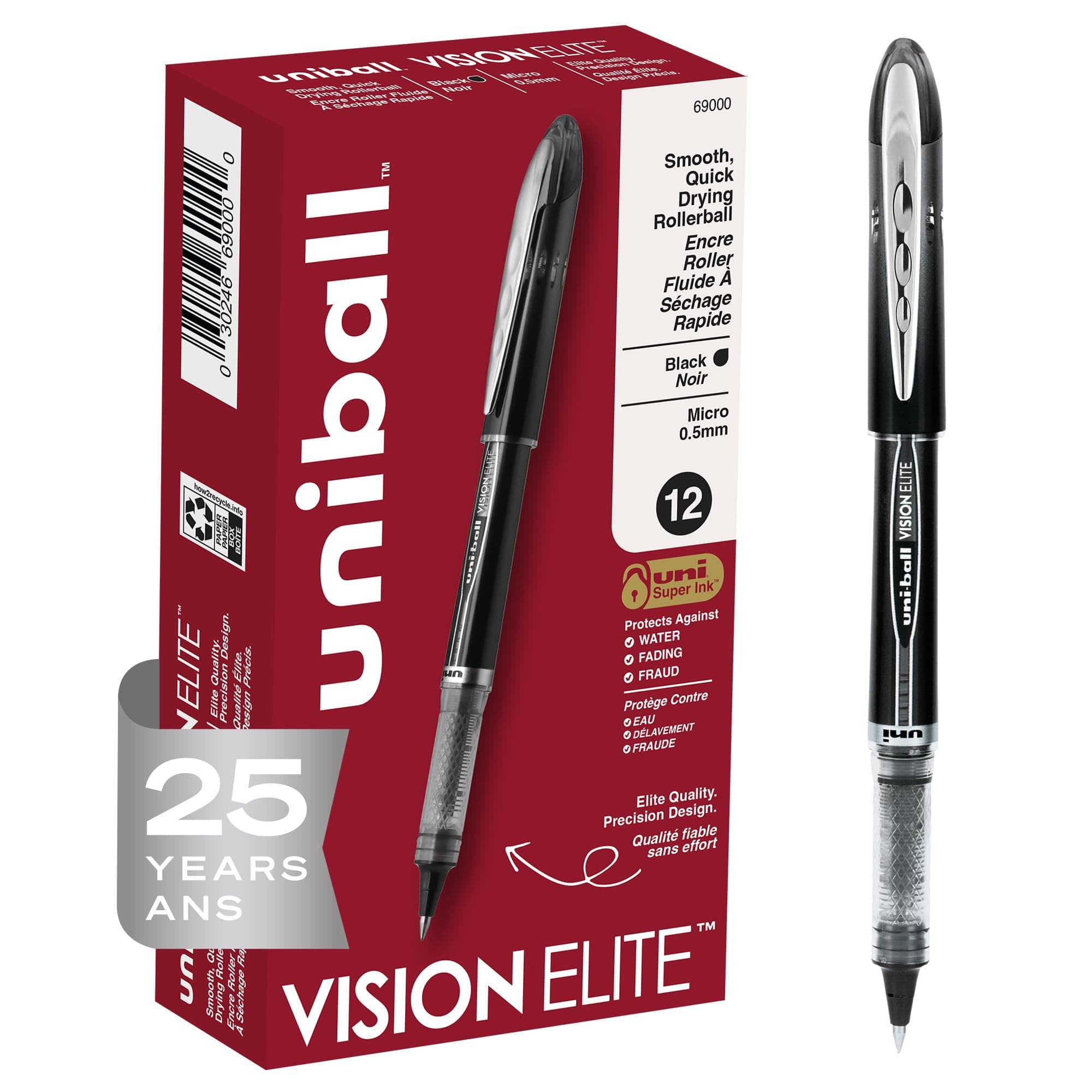 Vision Elite Rollerball Pens, Black Pack of 12 - Micro Japanese 0.5mm Ink, Teacher, Smooth Writing School, Journaling - School & Office Supplies