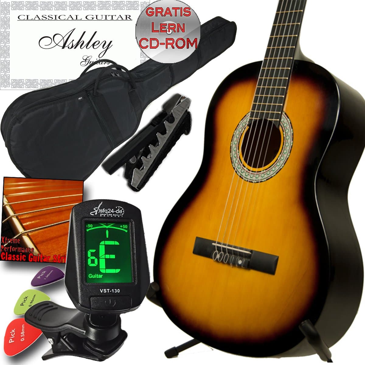 Ashley Left Hand Students and beginners Classical Strings Classical guitar SET Sunburst 3/4 with Case, Tuner, Capo, 3x Plectrums and Learning CDROM