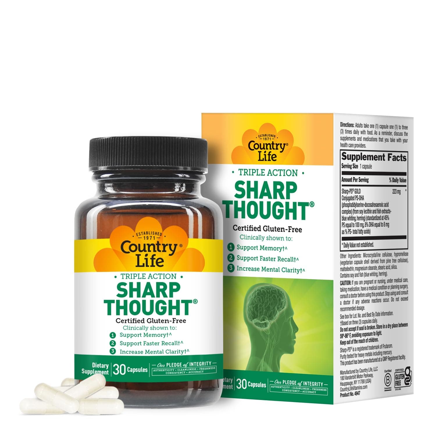 Country Life Sharp Thought - Memory & Cognitive Support Supplement – Sharp-PS Gold Phosphatidylserine + DHA – Promotes Mental Clarity & Faster Recall – Gluten-Free, 30 Capsules