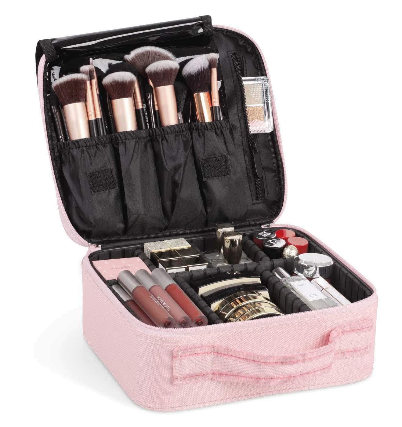 Nylon Makeup Organizer Bag for Women, Girls & Bride - Travel Cosmetic Kit Storage Organiser - Toiletry Vanity Box with Adjustable Compartment, 26l x 23b x 9h cm (Rose Gold)