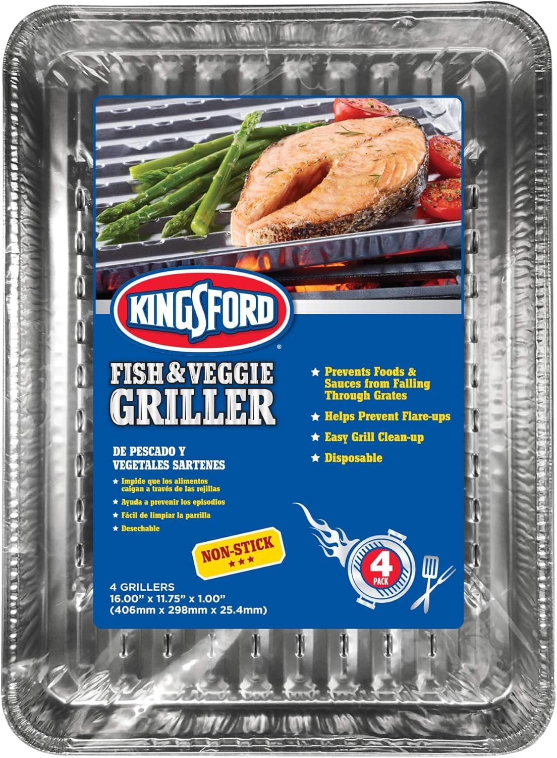 Kingsford Fish & Veggie Grill Liners, Nonstick Aluminum Griller Pans for BBQ, Helps Keep Food from Falling Through Grates, Disposable Heat-Safe Grill Accessories, 16' x 11.75', 4 Count