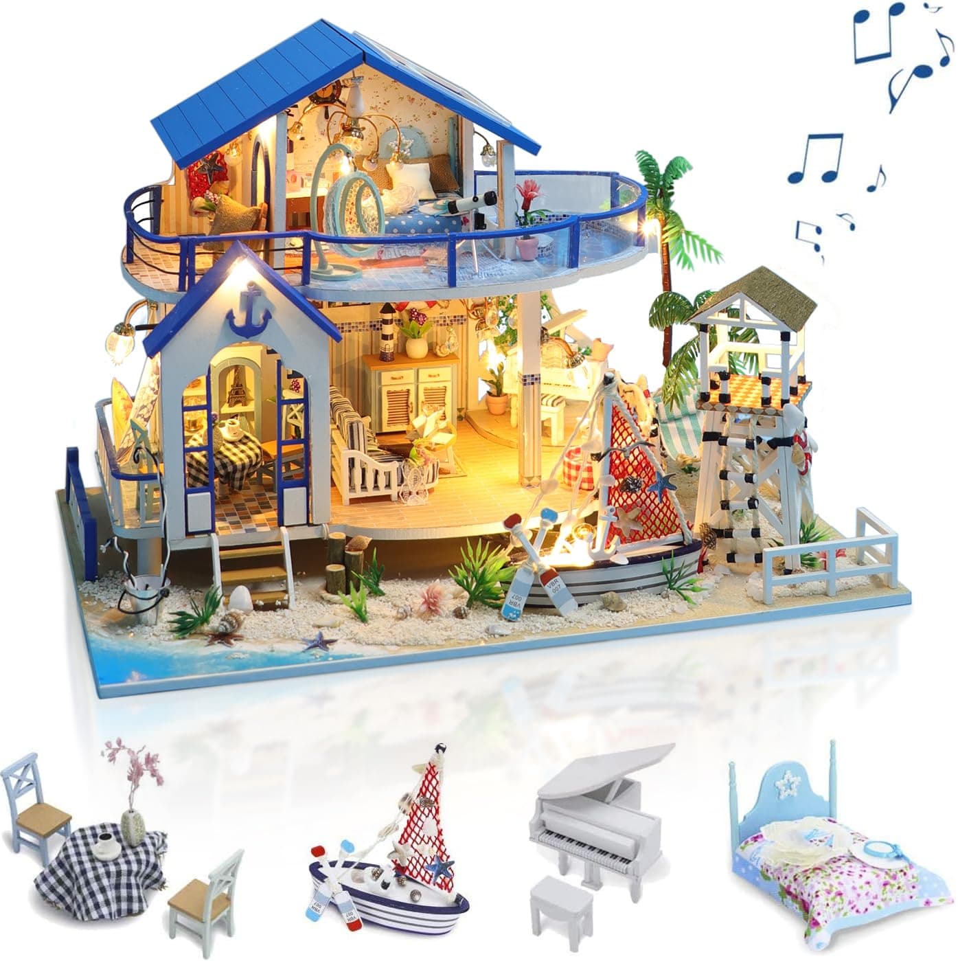 GuDoQi DIY Miniature Dollhouse Kit, Miniature House Kit 1:24 Scale,Tiny House kit with Music and Furniture Kit, Great Gift for Birthday Christmas, Blue Sea Legend