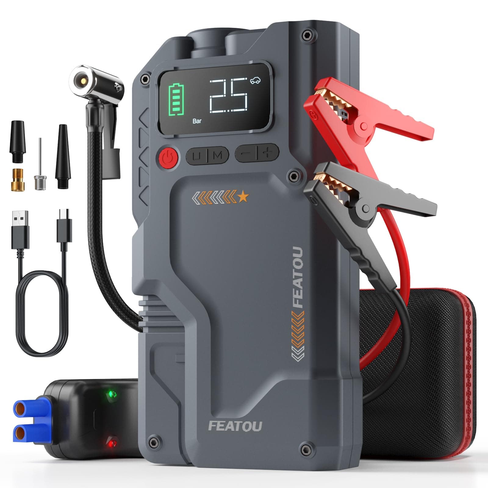 Featou Jump Starter with Air Compressor, 5 in 1 Functional Jump Box 5500A Peak Power Pack with 150PSI Digital Tire Inflator, Portable Car Charger Jumper for 9.0L Gas or 7.5L Diesel