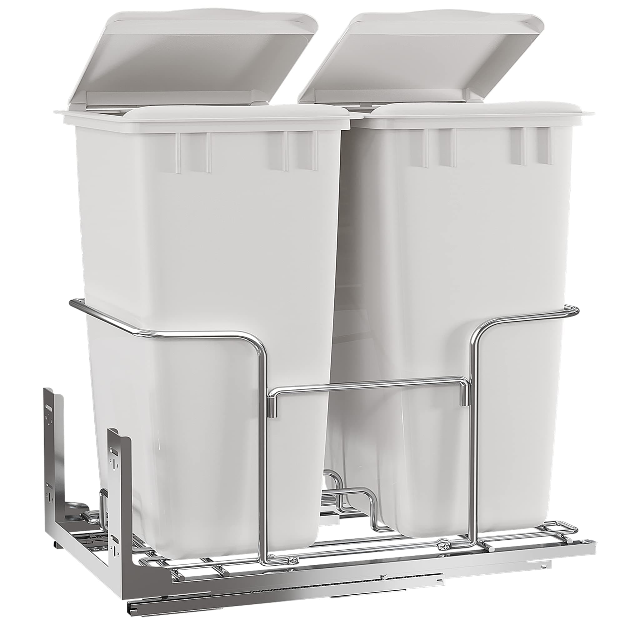 50-Quart Pull-Out Trash Can with Lid Double Bins, Sliding Under Mount Kitchen Pullout Waste Container Trash Can, White
