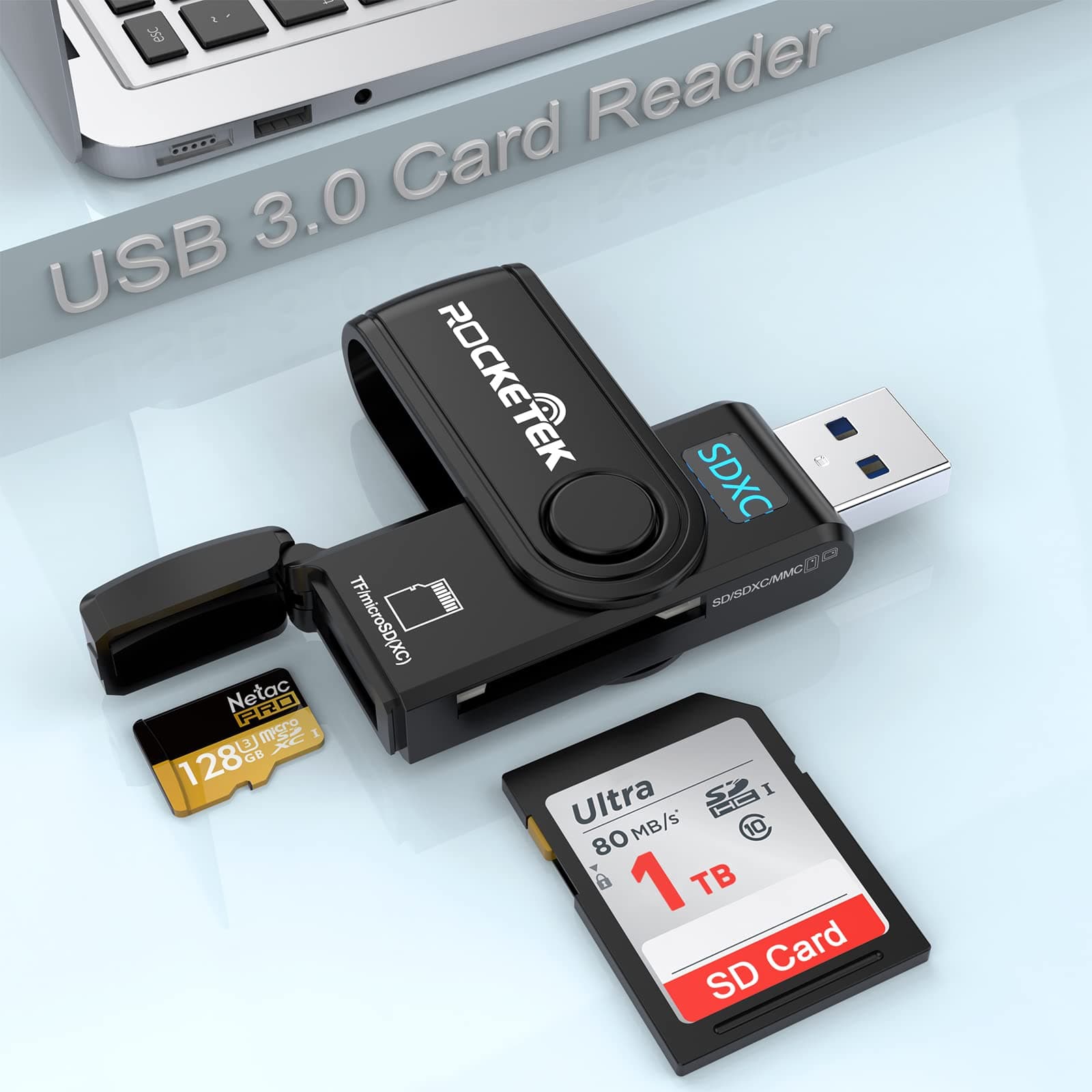 Rocketek USB 3.0 SD Card Reader, Rocketek 2 Slots Memory Card Reader with a Build-in Micro SD Card Cap for SDXC/SDHC/UHS-I SD Cards, TF/Micro SD Cards Reader - Take It as a USB 3.0 Flash Drive