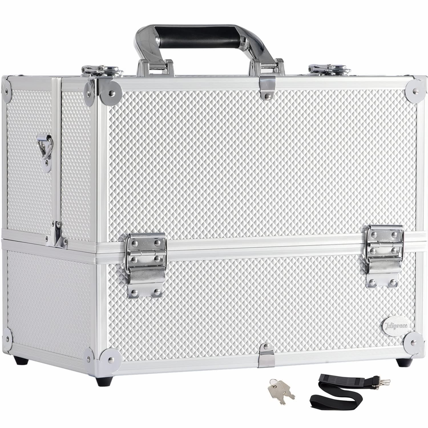 Extra Large Makeup Train Case 6 Tray Make Up Artists Organizer Box Lockable Cosmetic Jewelry Toiletries Carrier Crafters Tool Cases with Adjustable Dividers & Shoulder Strap - Silver