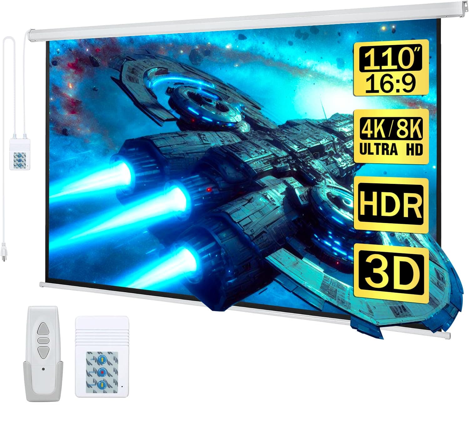 Kayle 110" Motorized Projector Screen Electric Diagonal Automatic Projection 16:9 HD Movies Screen for Home Theater Presentation Education Outdoor Indoor W/Wireless Remote, Wall/Ceiling Mount (White)