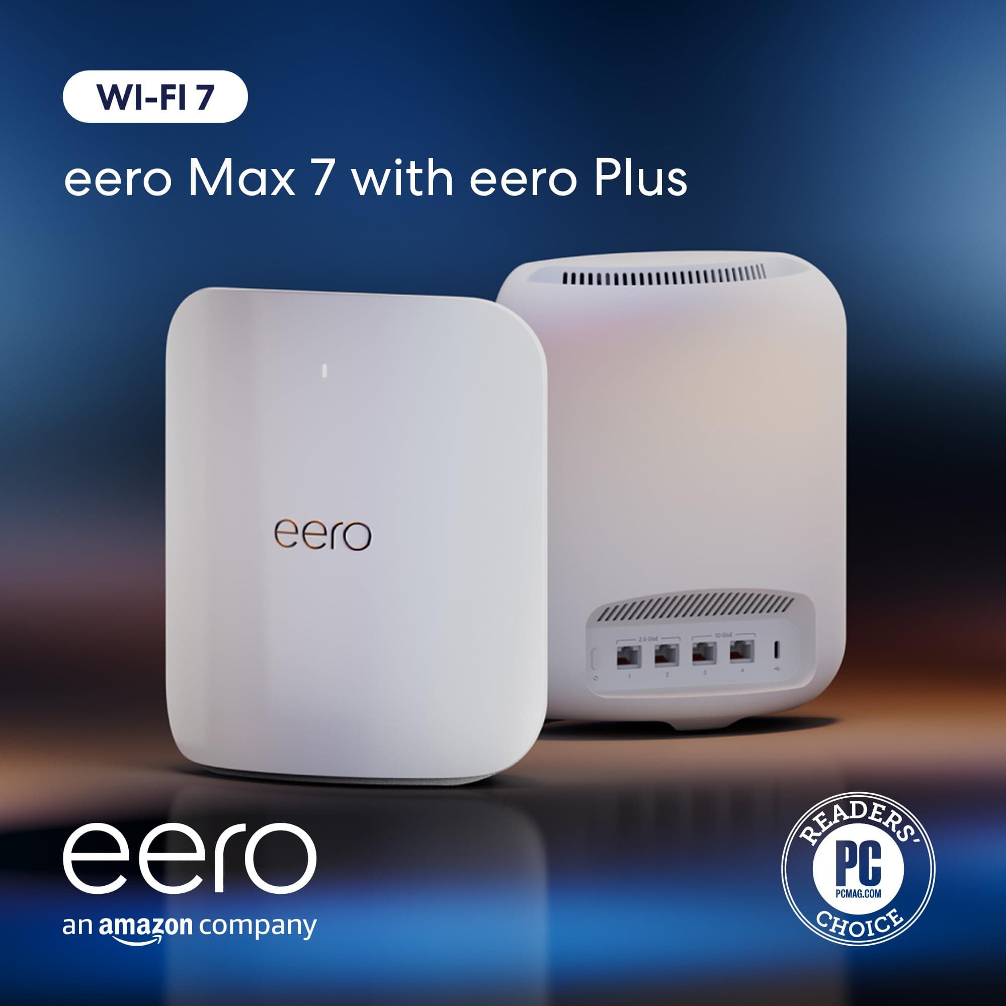 Amazon eero Max 7 mesh wifi system with 1 month free eero Plus (auto-renews) - Supports internet plans up to 10 Gbps, Coverage up to 5,000 sq. ft., Connect 500+ devices, 2-pack