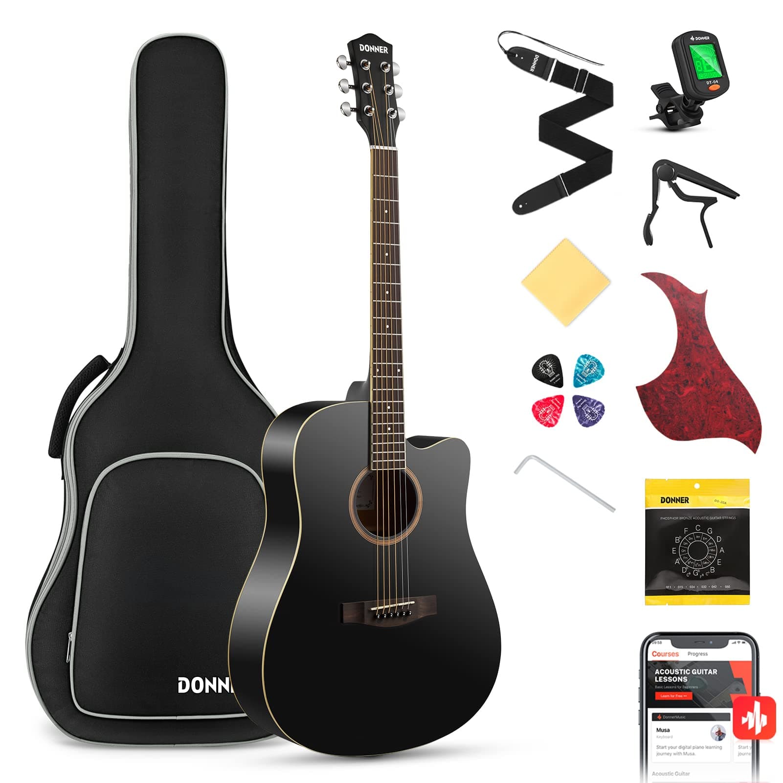 Donner Guitar Acoustic Full Size 4/4 Guitar Cutaway Beginner Adult Guitar 41 inch Kit with Gig Bag Tuner Strap Strings Capo Picks(Black)