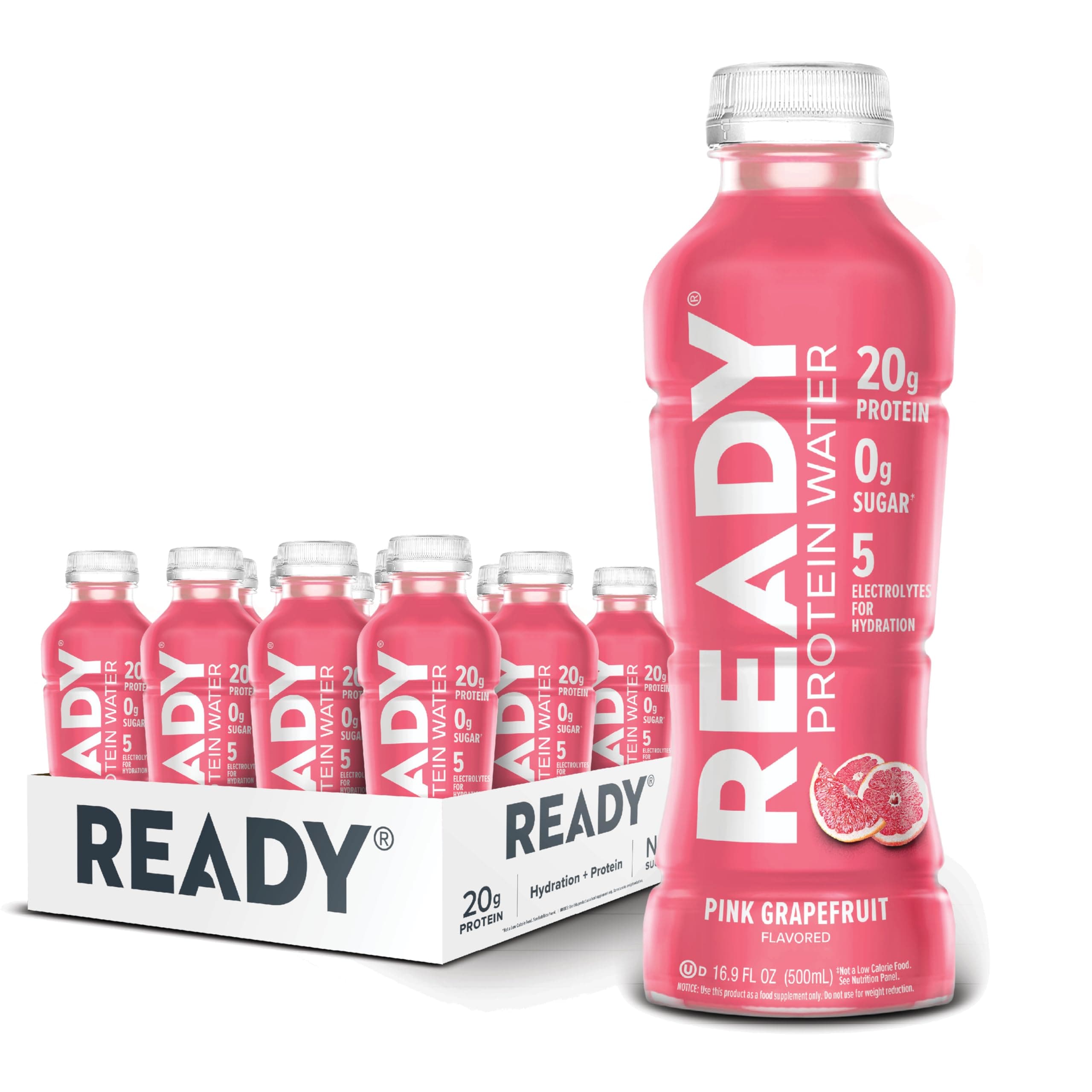 Ready® Clear Protein Water – 20g Whey Protein Isolate, Zero Sugar, Low-Calorie Sports Drink for Hydration & Recovery – Electrolytes, Essential Amino Acids – Pink Grapefruit, 16.9 fl oz Bottles (12-Pack)