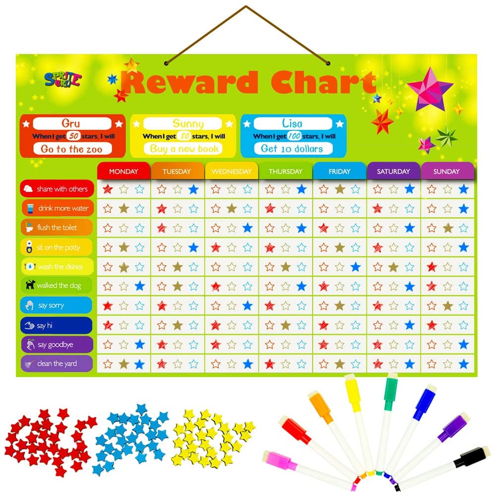 Magnetic Reward Chart, Includes 8 Markers + 60 Illustrated Chores + 300 Stars