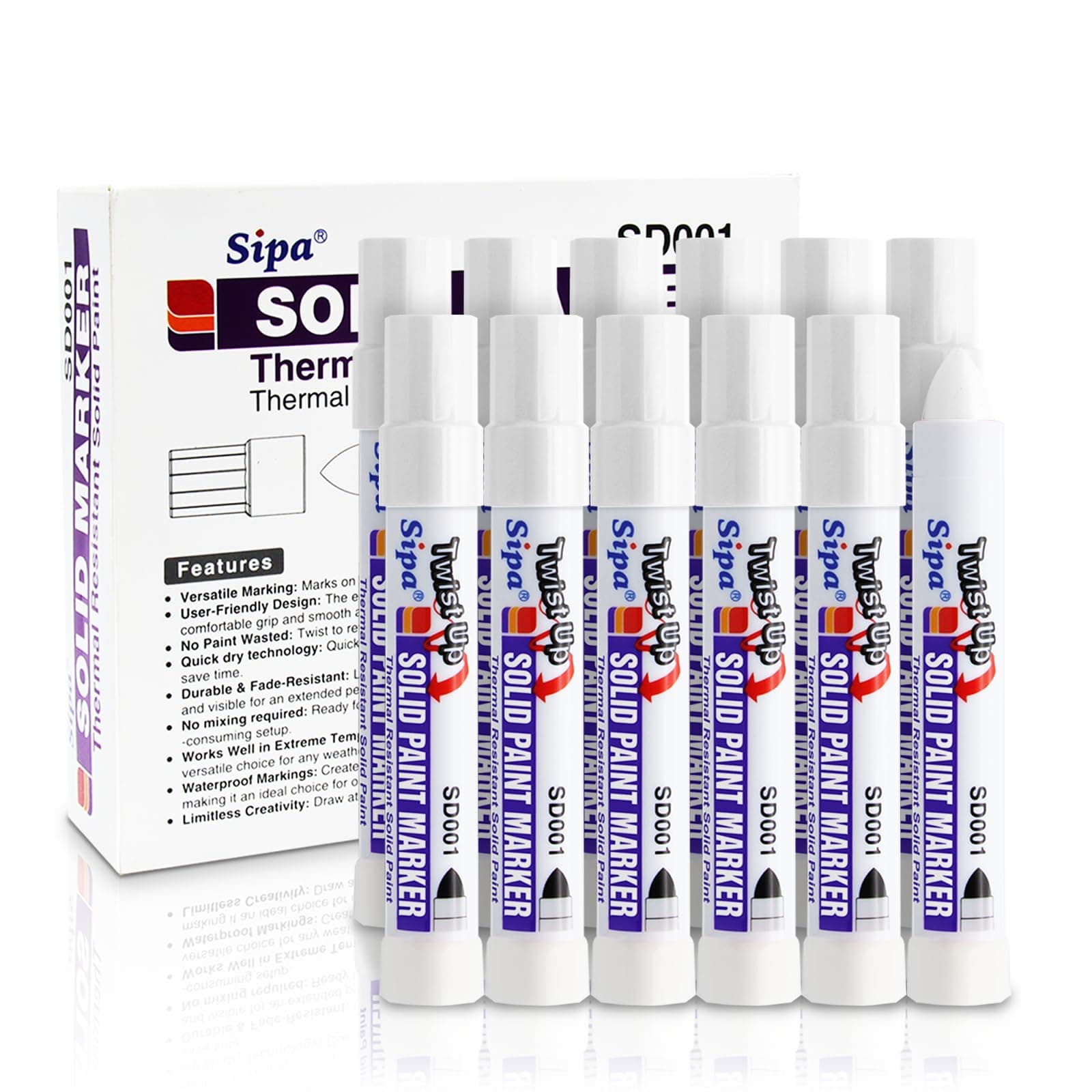 12 Pack Permanent Solid Paint Markers, Waterproof Weather Resistant Twist Long-Lasting Paint Pens for Window, Wood,Metal and Glass Rubber Marker, Gifts for Construction, HVAC or Plumbing(White)