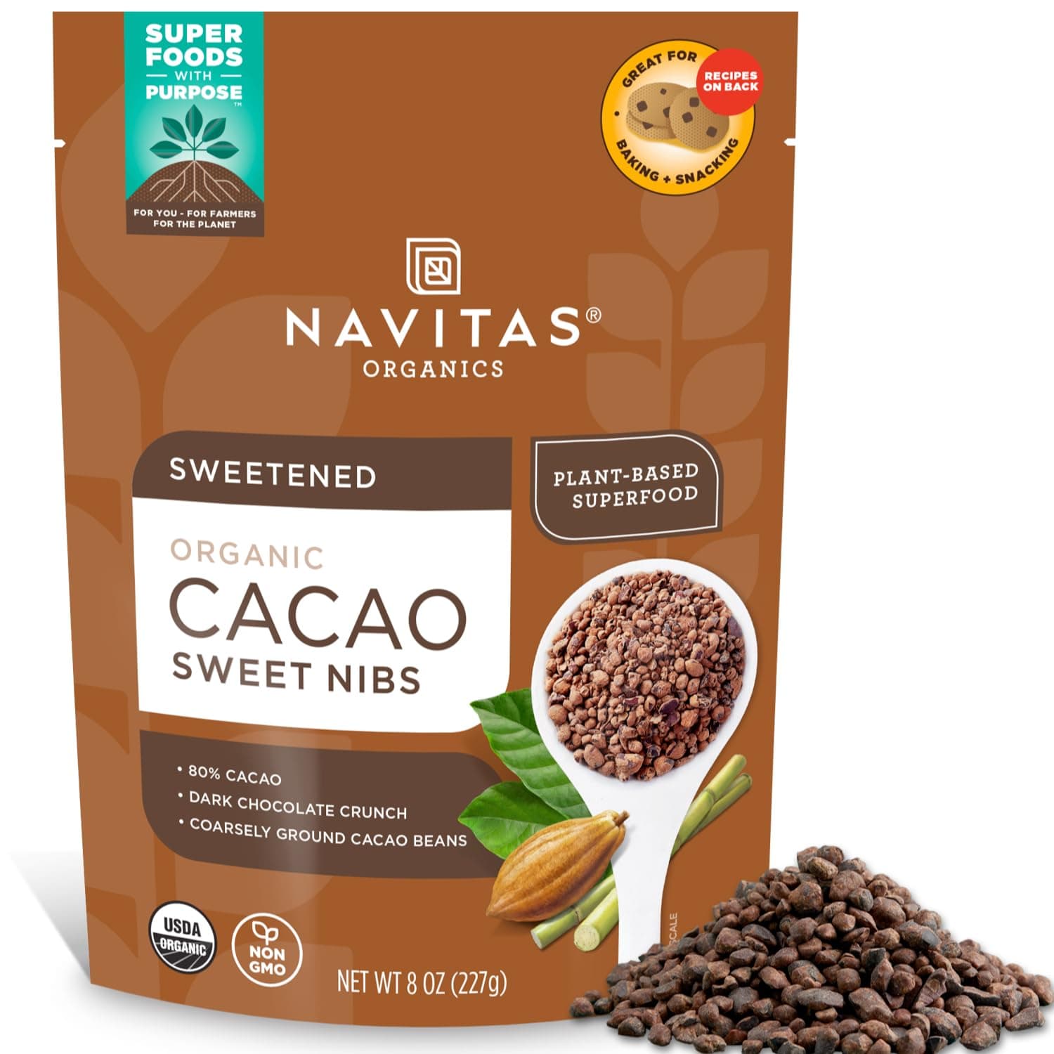 Navitas Organics Cacao Nibs – Sweetened Dark Chocolate Crunch – Antioxidants, Minerals, Fiber – For Trail Mix, Baking & More – USDA Organic, Fairtrade, Non GMO, Gluten Free, Non-alkalized (8oz. Bag 57 Servings)