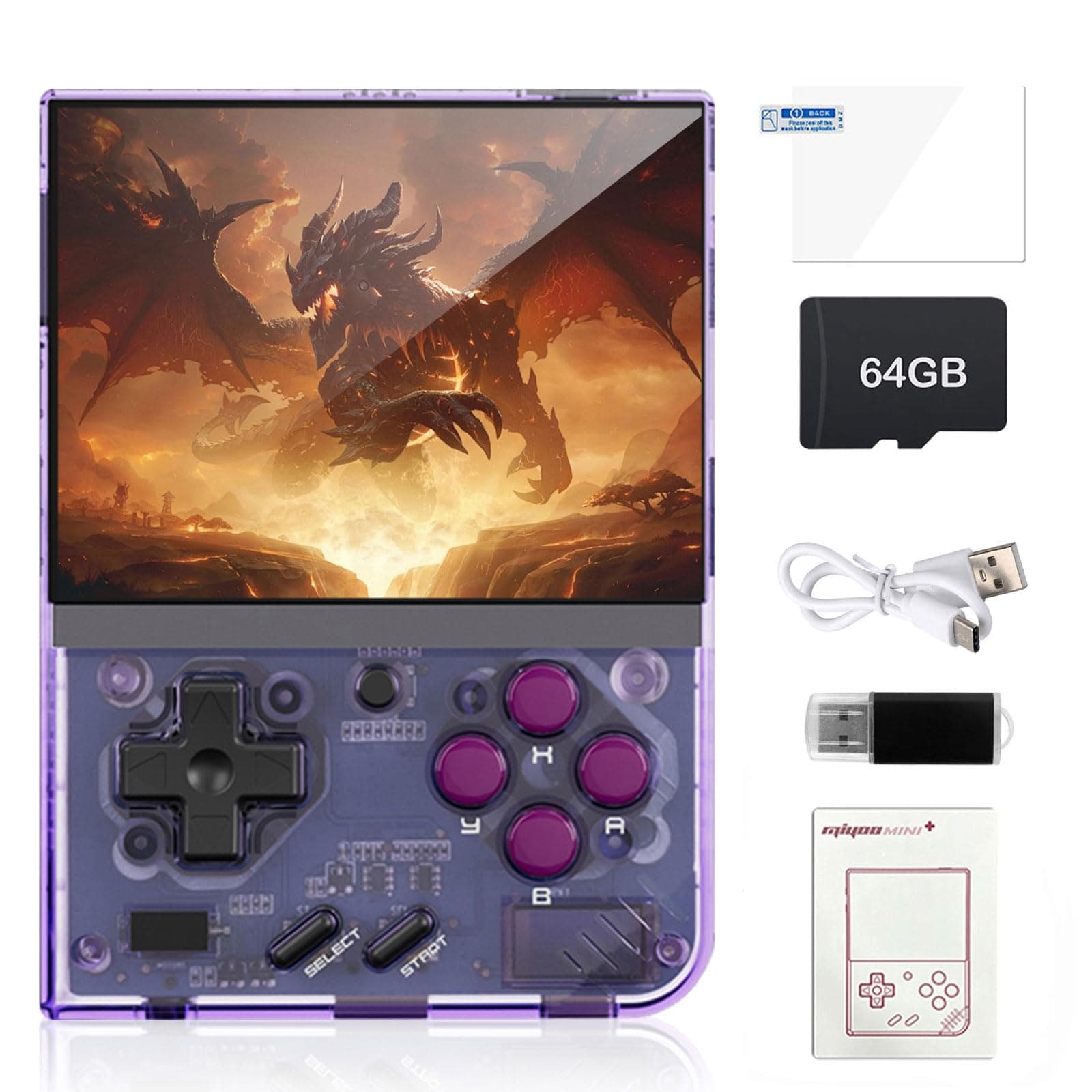 Miyoo Mini Plus Retro Game Console,3.5 Inch IPS Classic System Retro Video Games Consoles,with 64G TF Card,Supports 12000+ Classic Games and Wireless Networt Handheld Console(Purple)