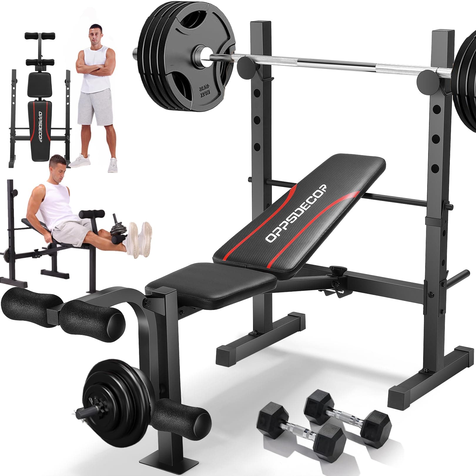 OPPSDECOR Weight Bench Set, Adjustable Bench Press Set with Squat Rack & Leg Extension, Folding Workout Bench Set for Full Body Workout, Standard Weight Training Benches for Home Gym Exercise