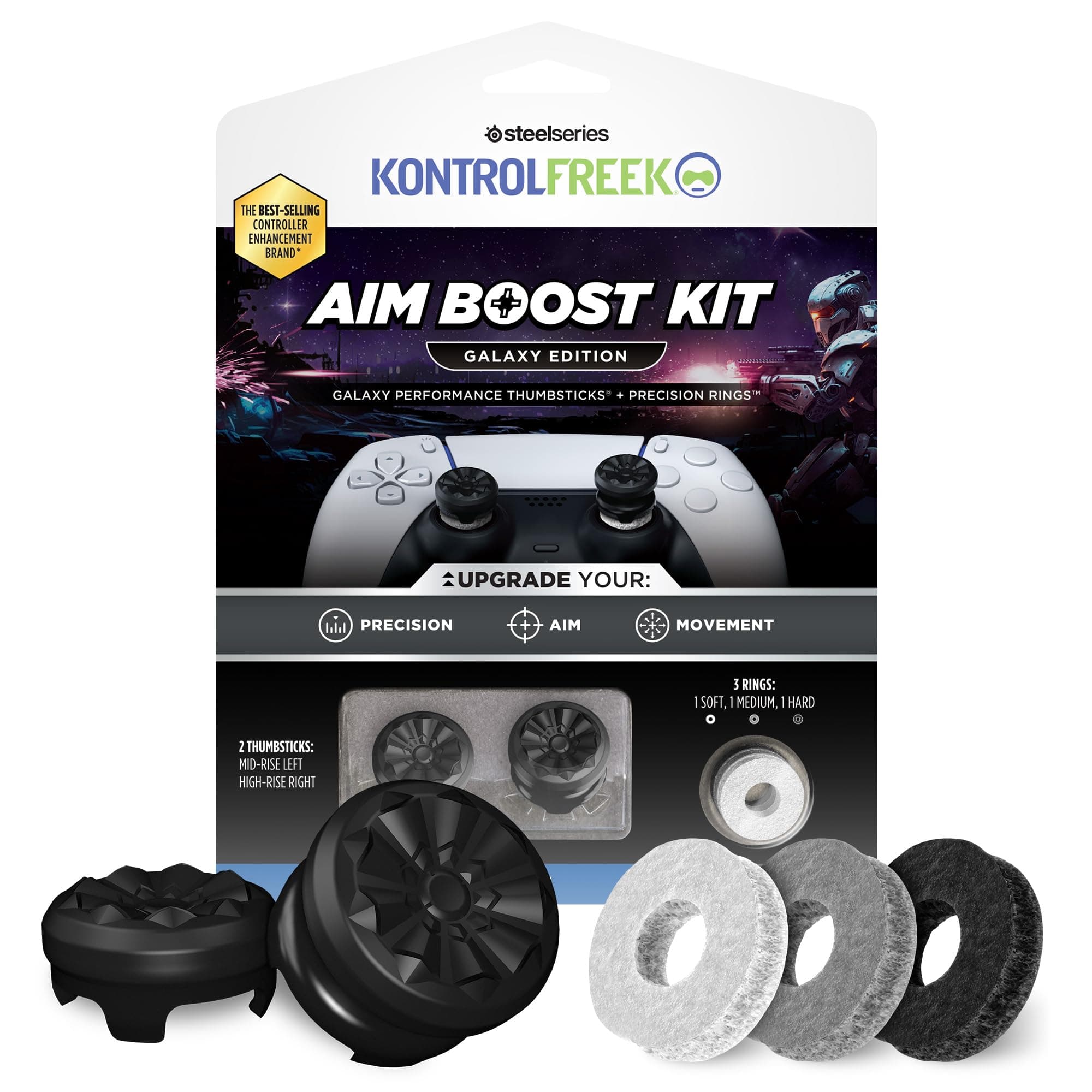 KontrolFreek Aim Boost Kit for PlayStation 5 (PS5) and PlayStation 4 (PS4) Controller | Includes Performance Thumbsticks and Precision Rings | Black Galaxy Edition