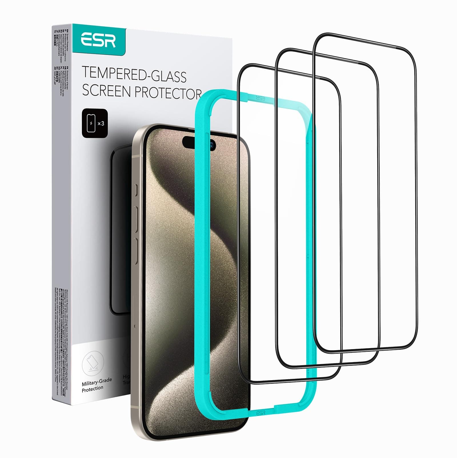 ESR 3 Pack for iPhone 15 Pro Screen Protector, 3 Tempered-Glass Screen Protector, 2.5D Curved Edges, Full-Coverage Military-Grade Protection, Scratch Resistant