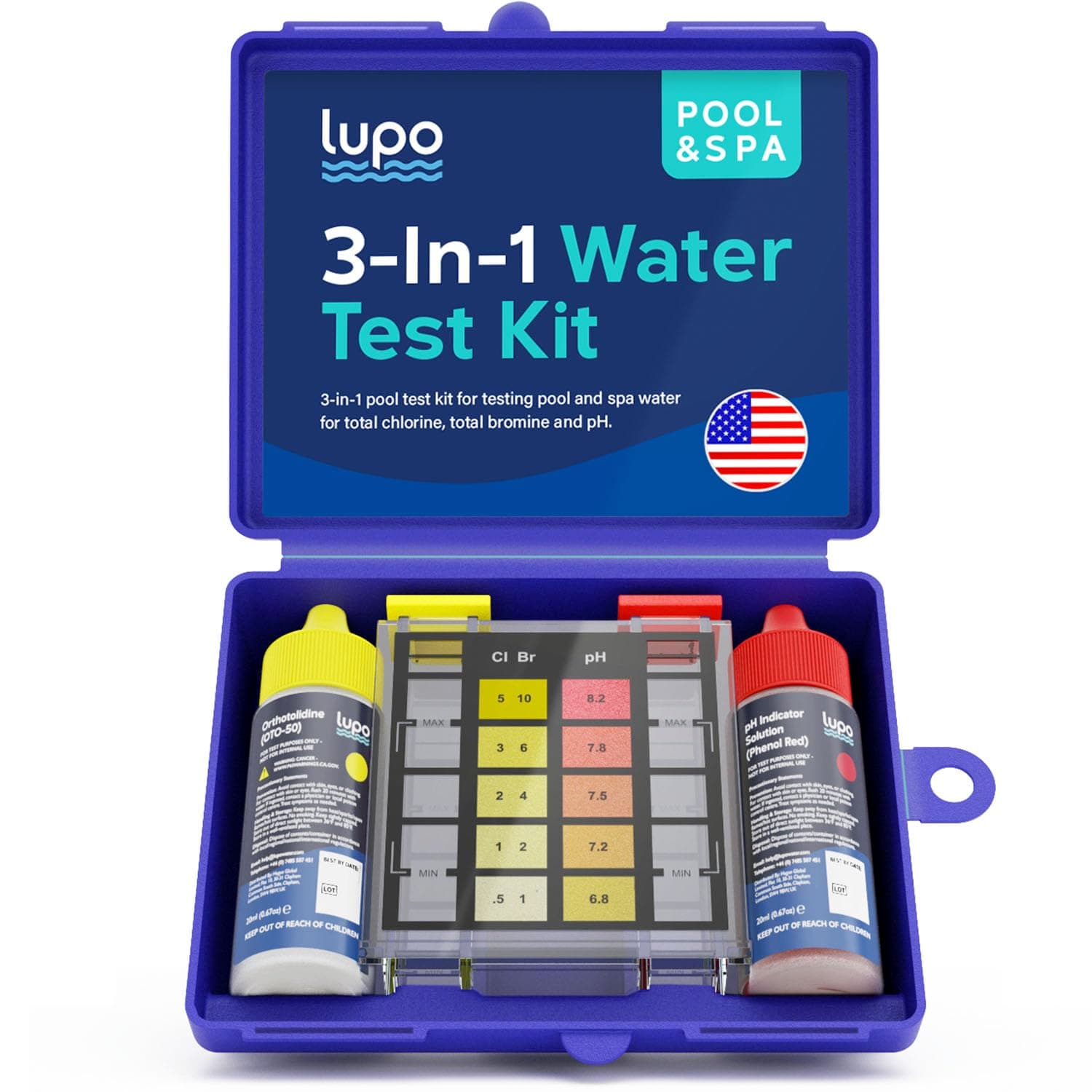 Lupo 3-in-1 Pool Test Kit | Pool Testing Kit for Residential Swimming Pools & Spas for Testing Total Chlorine, Total Bromine & pH | Pool Chemical Test for Quick & Accurate At-Home Pool Water Testing