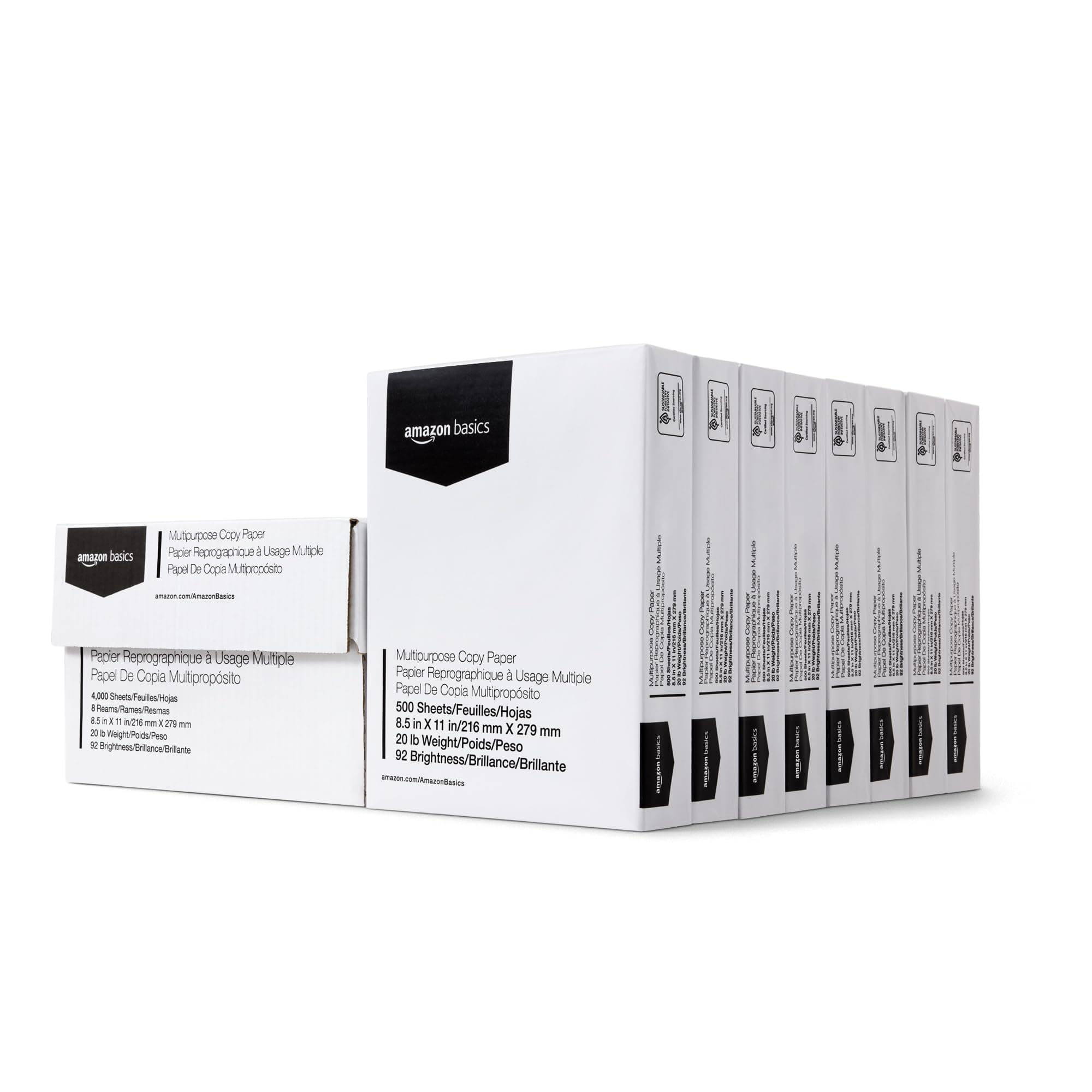 Amazon Basics Multipurpose Copy Printer Paper, 20 lb, 8.5 x 11 Inches, 8 Reams (4,000 Sheets), 92 Bright White, Great for Crisp Ink Printing