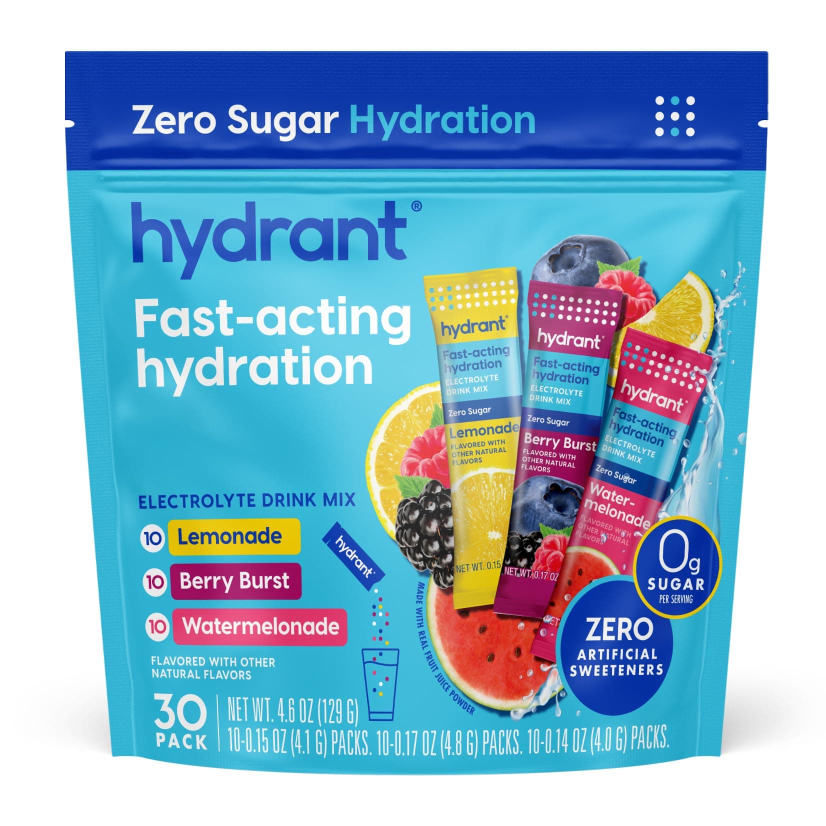- HYDRANT Hydrate Zero Sugar, Individual Hydration Electrolyte Powder Stick Packets with Zero Sugar and Electrolytes for Rapid Hydration (Variety Pack, 30 Count)