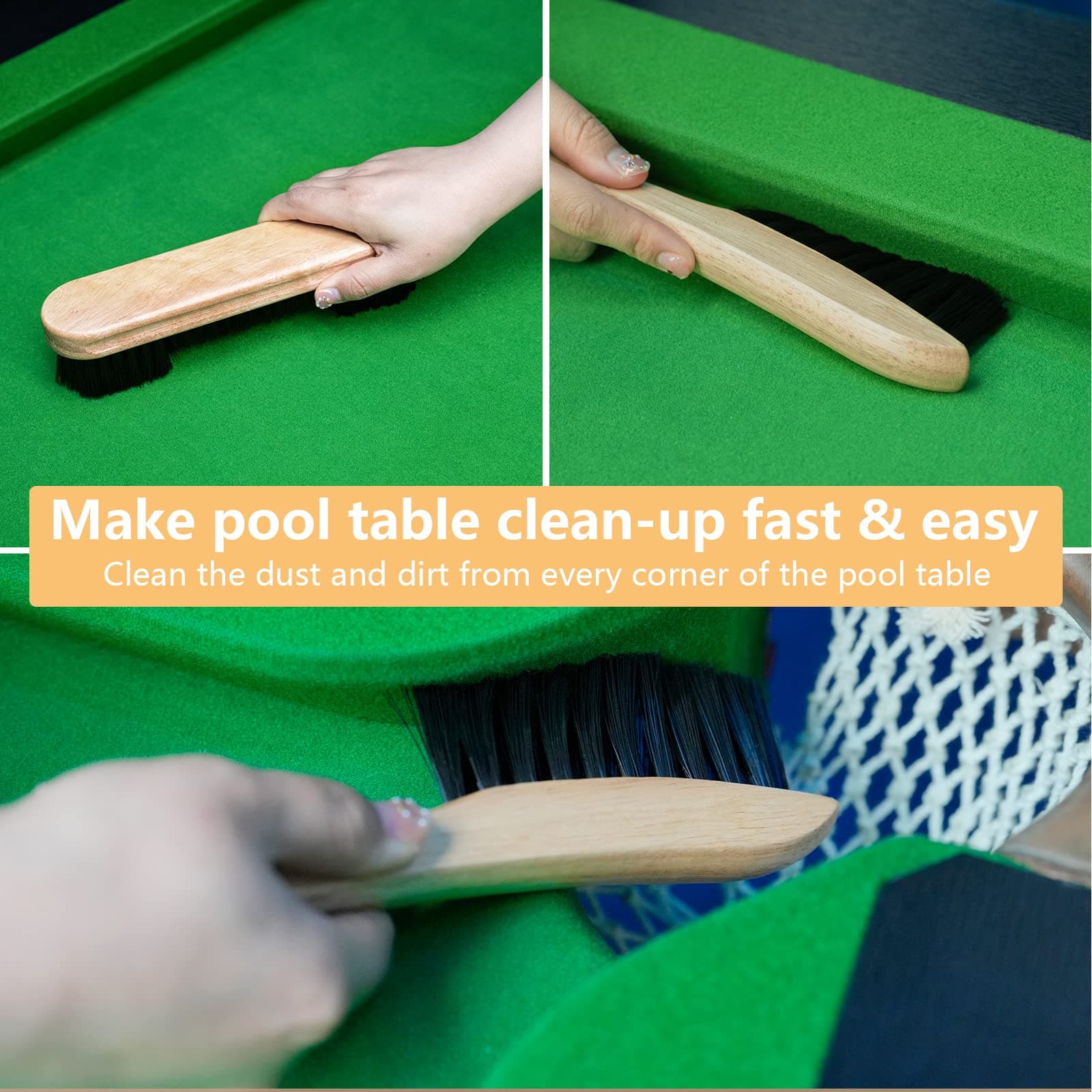 Go2trymo Pool Table & Rail Brush 5 Set, Billiard Pool Table Felt Cleaner Accessories with 2 Wooden Pool Table Brushes, Cue Cleaning Cloth, Ferrule Polish Cloth & Sticky Lint Roller
