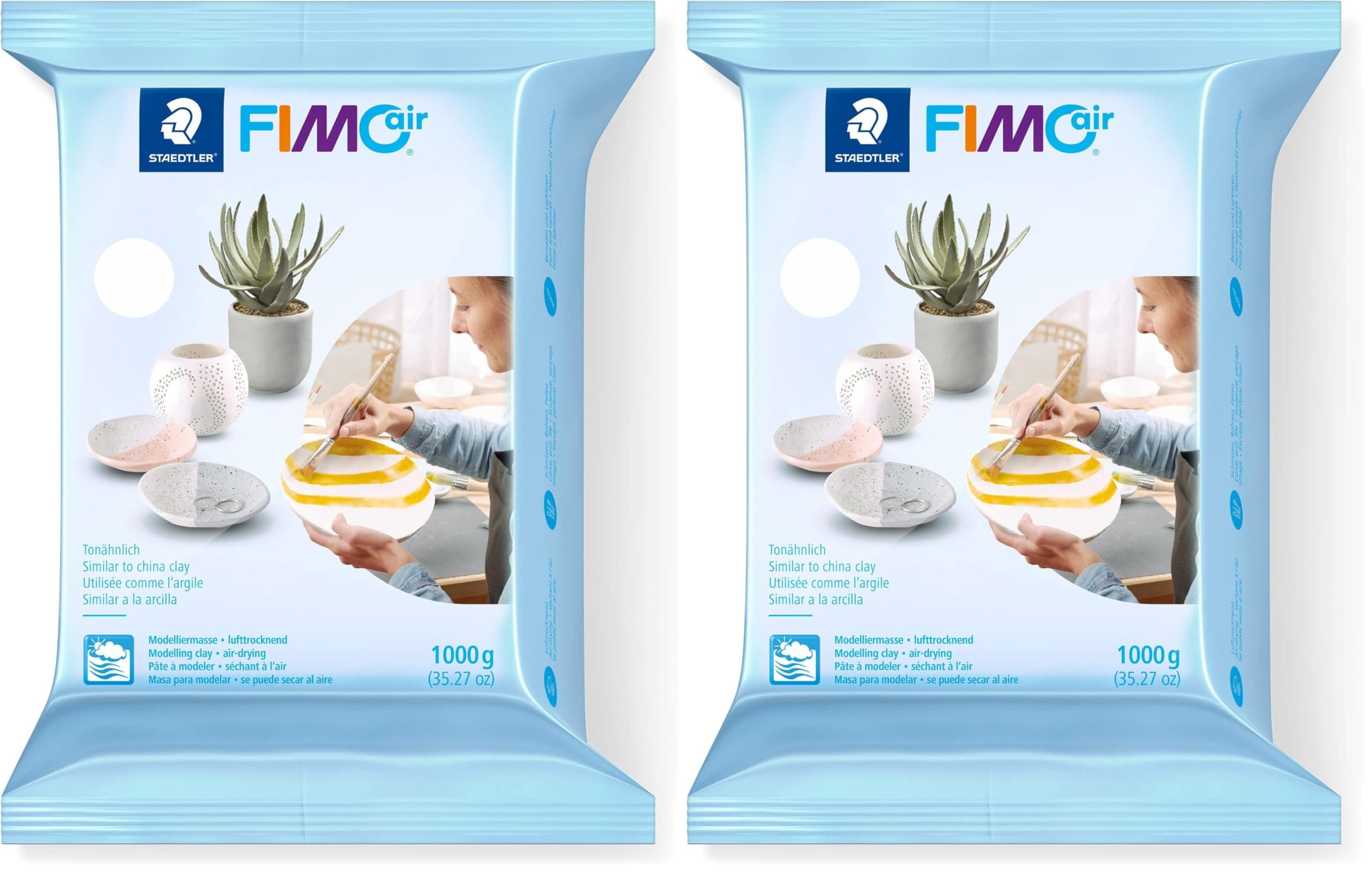 STAEDTLER 8101-0 FIMO Air Basic - Air-Drying Modelling Clay, 1 kg - White (Pack of 2)