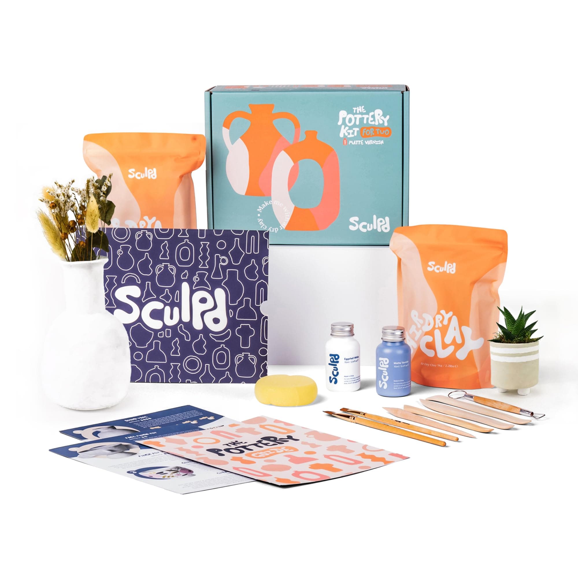 Sculpd Pottery Starter Kit for Beginners - Includes Matte Varnish, Tool Set, Paintbrushes, and Step-by-Step Guide - Air Dry Clay Kit for Two Adults
