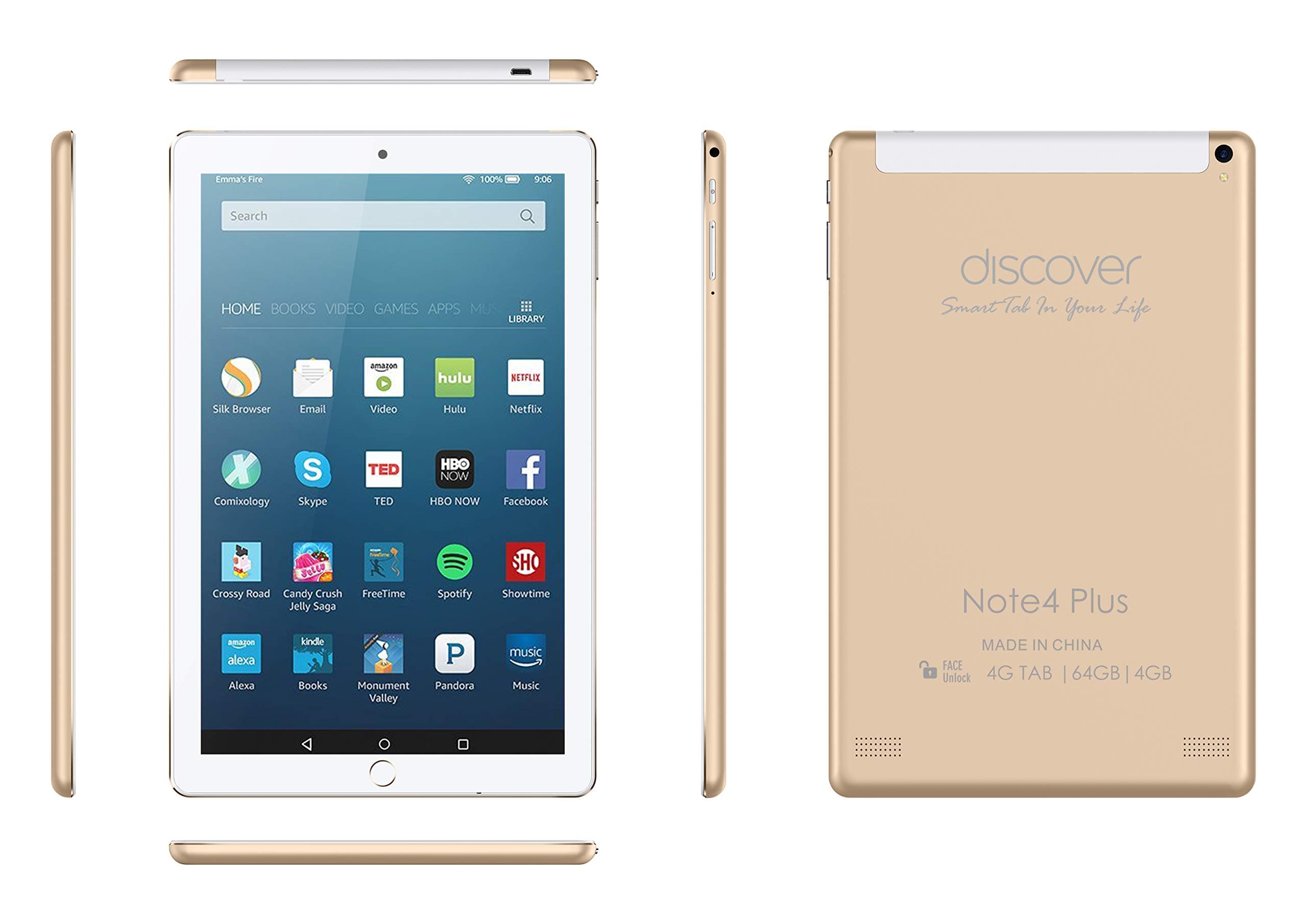 Discover Note 4 Plus, Quad Core, Dual Sim, Dual Camera,Tablet 10.1 Inch smart tablet pc, Android 8.1, 64GB, 4GB DDR3, 4G LTE, Wi-Fi,FLIP Cover,(Gold)