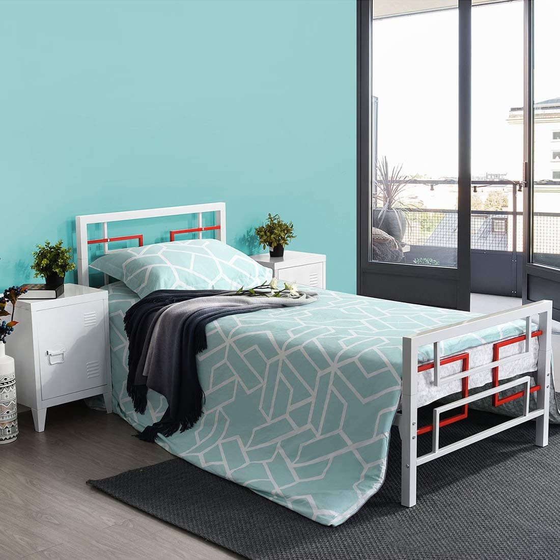 Aingoo Single Metal Bed Frame 3ft Beds Solid Square Tubes Metal Platform with Headboard and Footboard, White