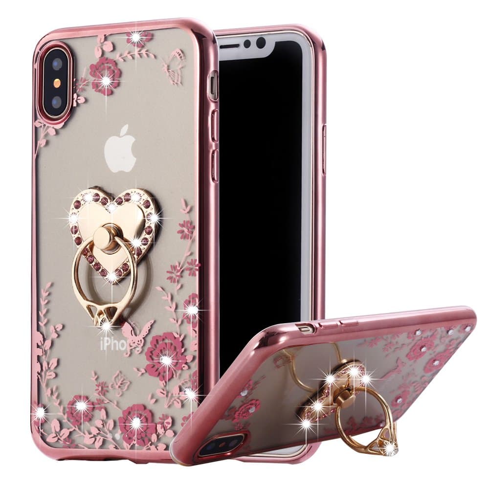 iPhone Xs Max Case Pink Ring, Miniko Soft Slim Bling Rhinestone Floral Crystal TPU Plating Rubber Case Cover with Detachable 360 Diamond Finger Ring Holder Stand for iPhone Xs Max 6.5 inch