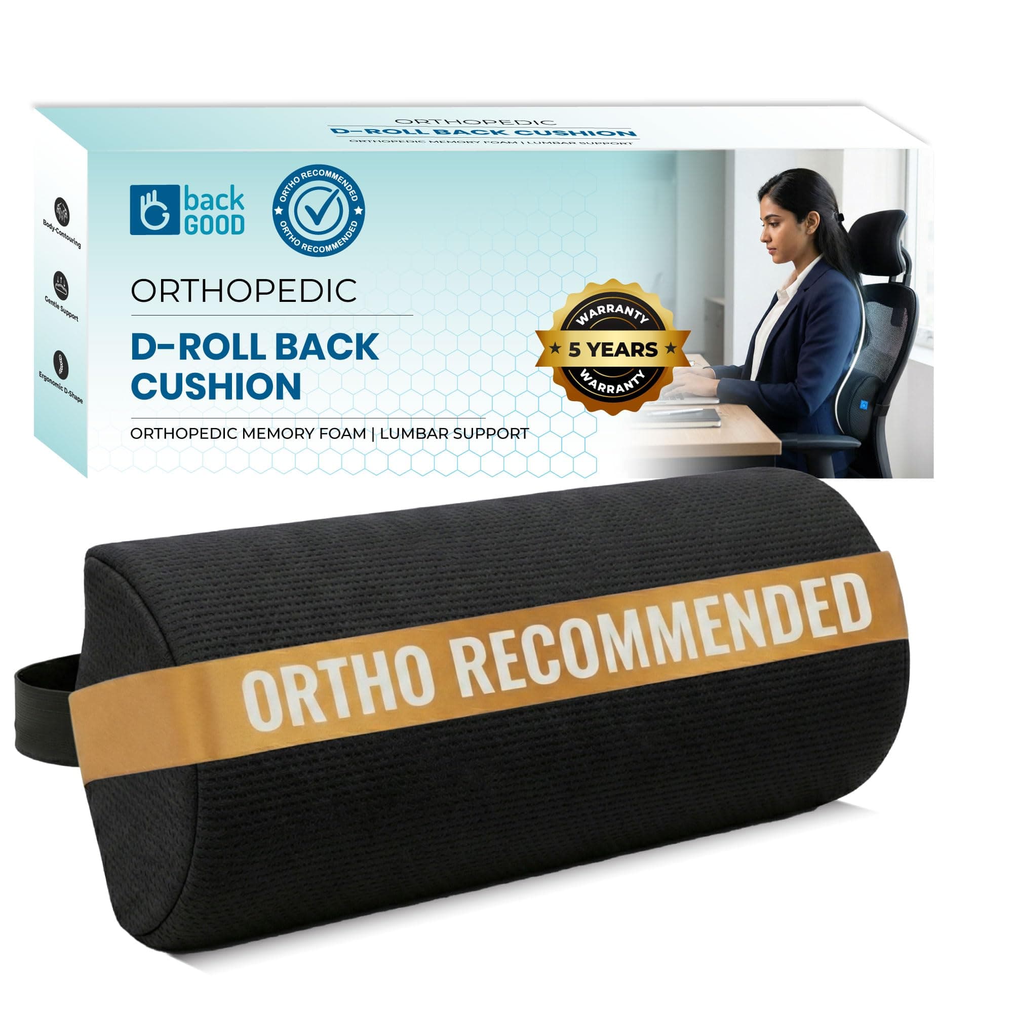 D-Shaped Lumbar Support Roll | Premium Memory Foam | 5-Year Warranty | Medical Grade Back Cushion for Lower Back Pain, Sciatica & Spinal Alignment | Office Chair & Car Seat Lumbar Roll(Black)