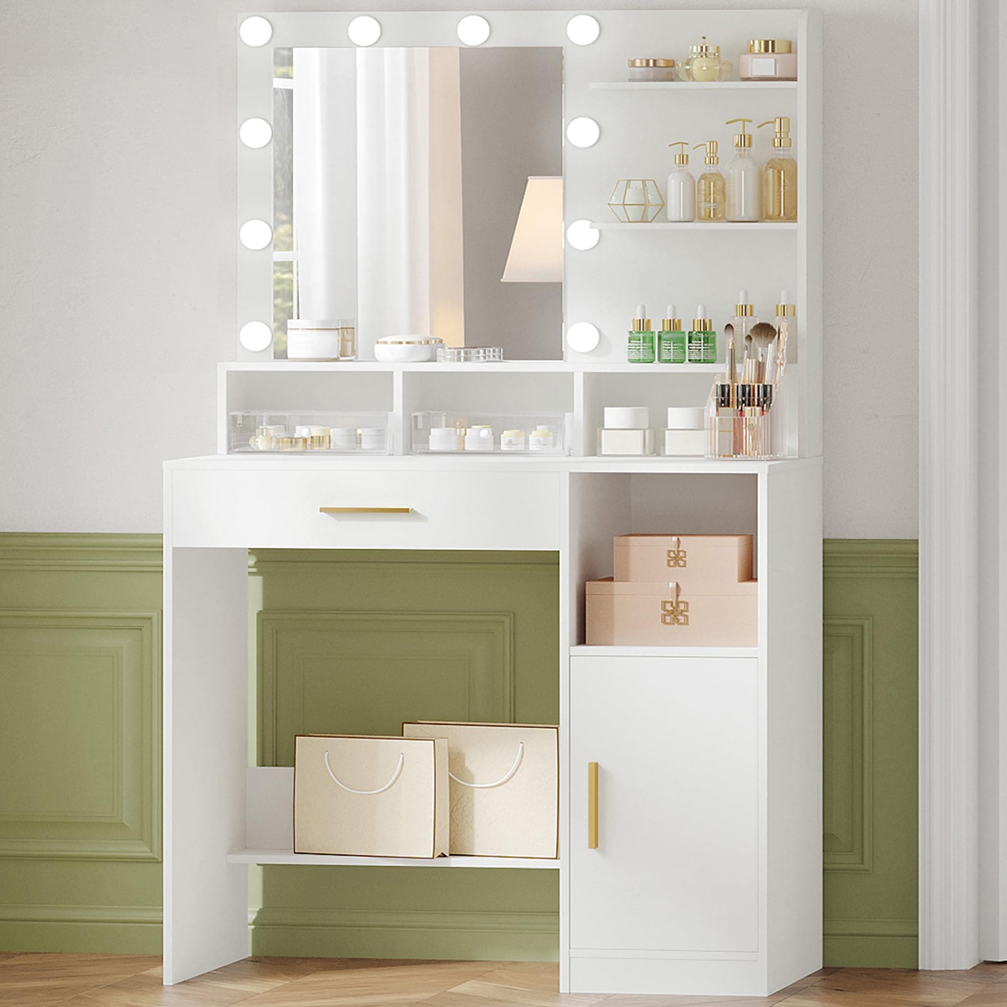 Hzuaneri Dressing Table with Mirror and 10 Bulb Lights, Vanity Table, Makeup Vanity with 3 Shelves & 4 Open Compartments, Large Drawer & Cabinet, Adjustable Lighting Brightness, White VT08103XUK