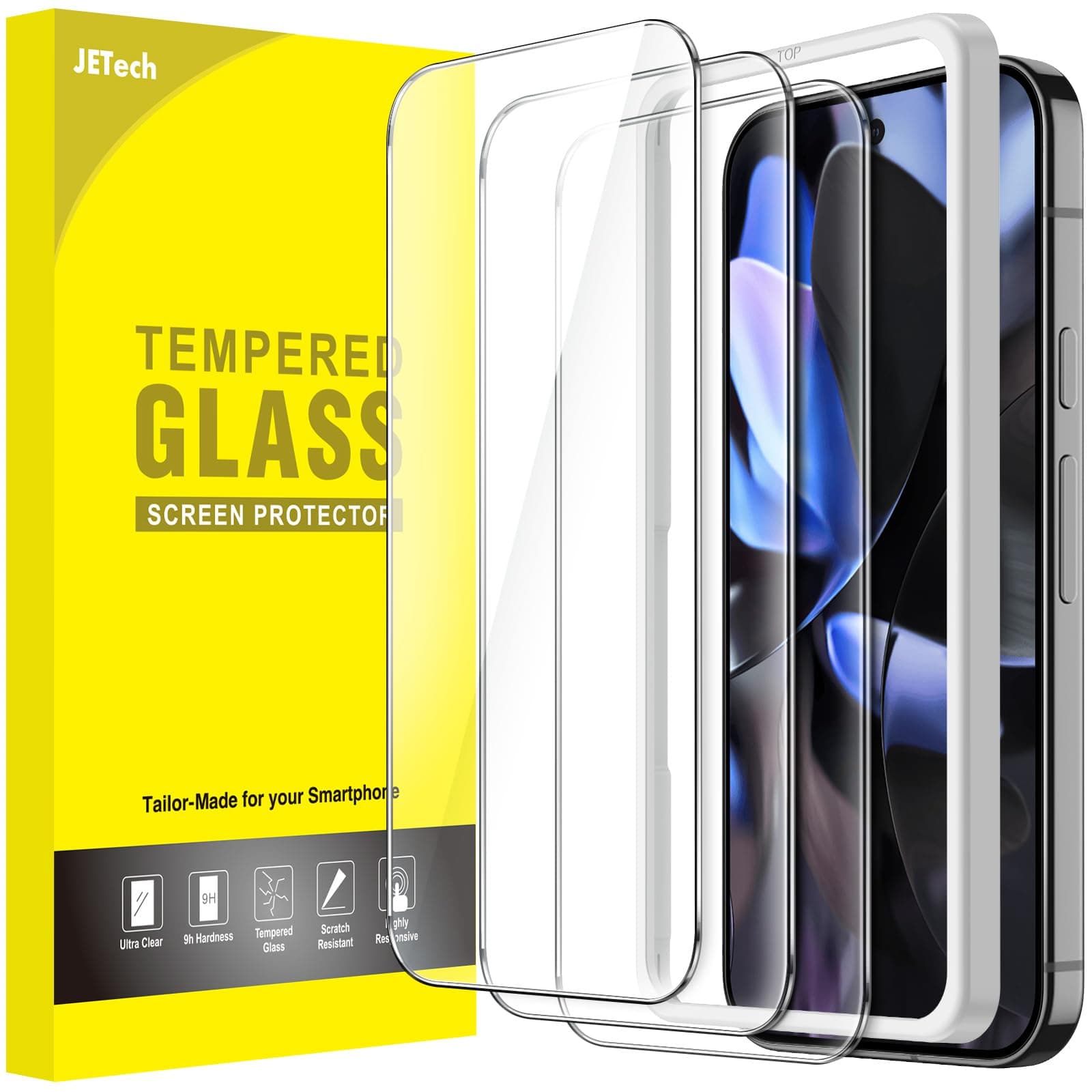 JETech Google Pixel 9 / Pixel 9 Pro Screen Protector Tempered Glass Screen Protector with Guide Frame Support Fingerprint HD Clear 3 Pack